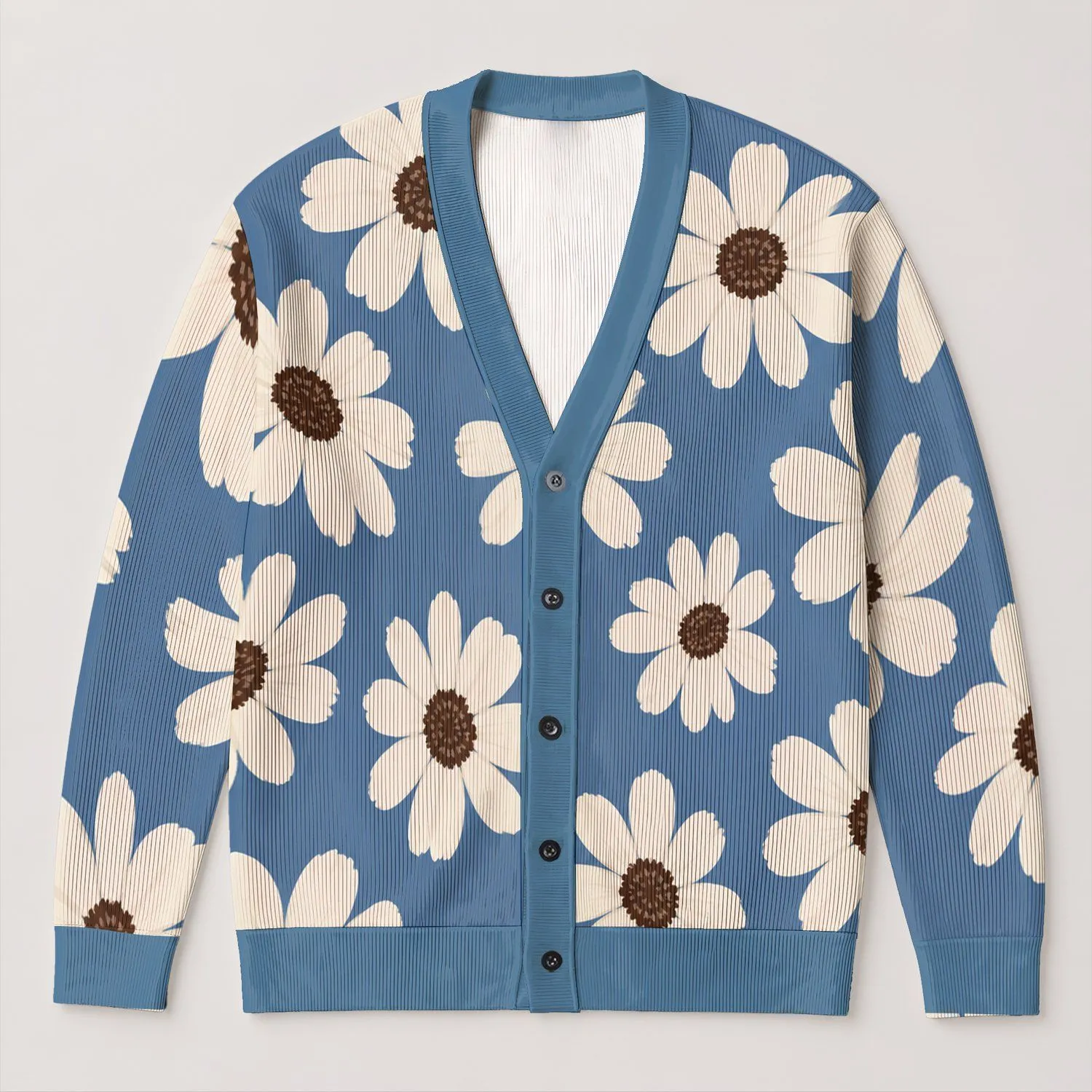 Ivory Daisy Floral Motif for Cozy Autumn Layering and Everyday Casual Style All-over Print Knitted Cardigan - 1
