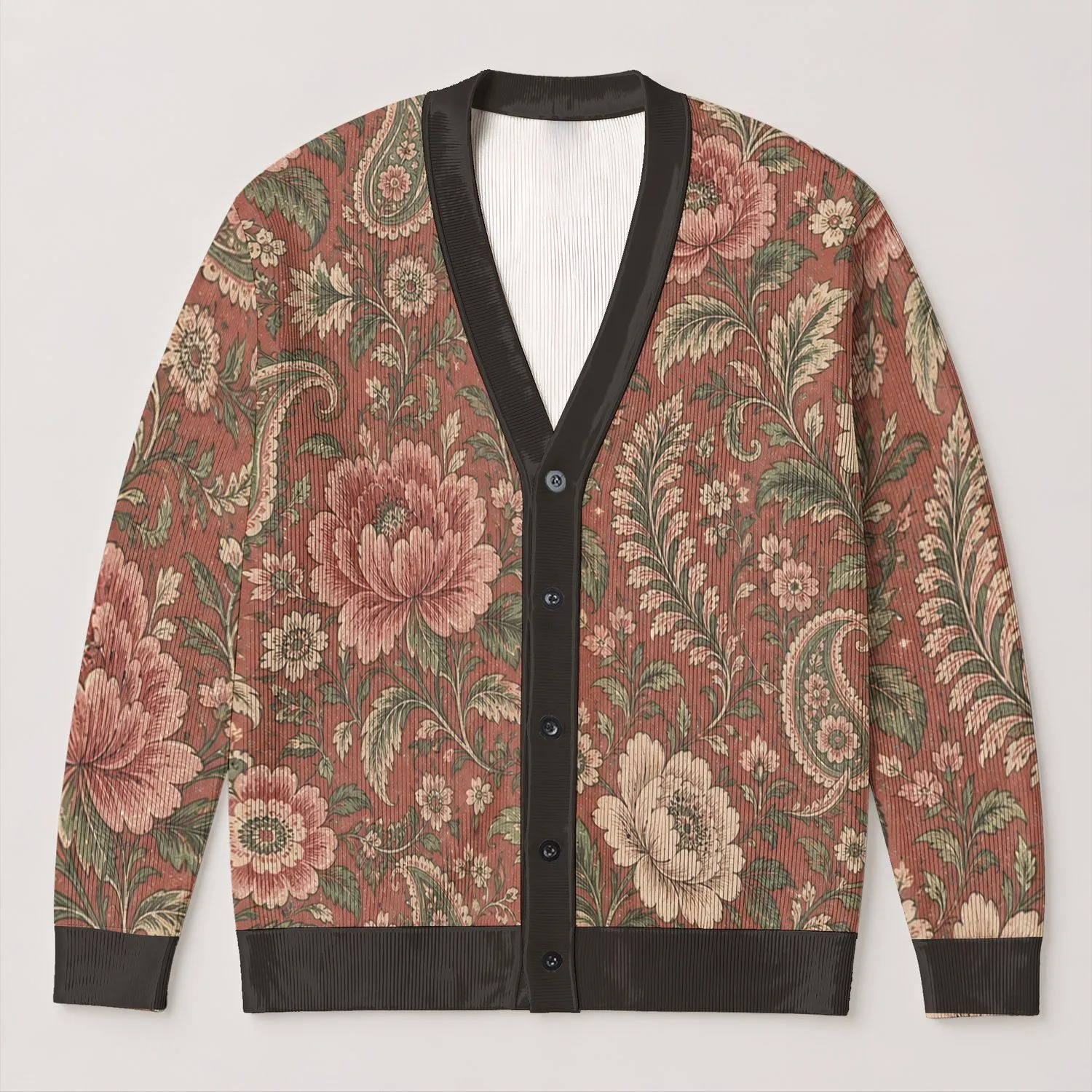 Vintage Terracotta Floral Paisley Botanical Motifs for Everyday Layering and Weekend Style All-over Print Knitted Cardigan - 1