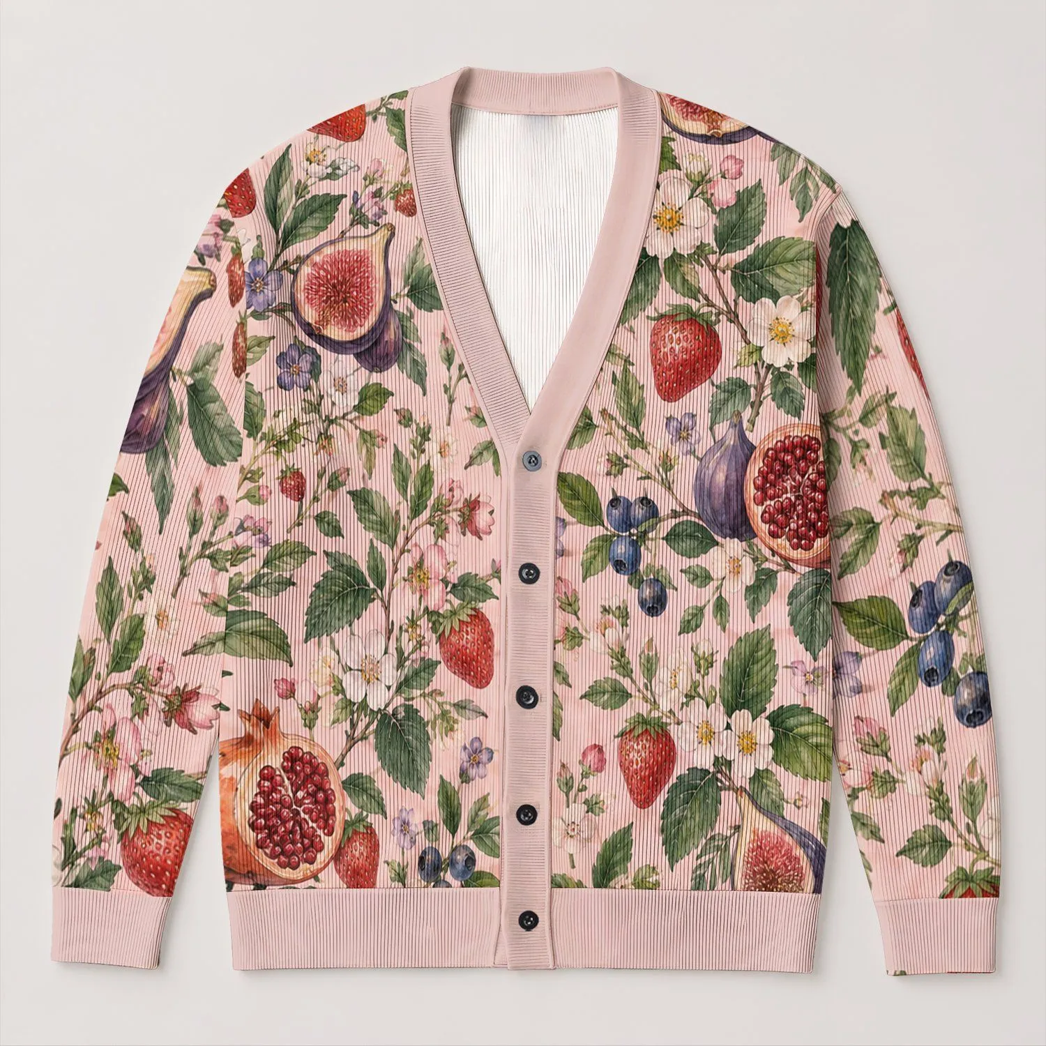 Strawberry Fig Botanical Garden Style For Everyday Layering Women’s Autumn Wardrobe All-over Print Knitted Cardigan - 1