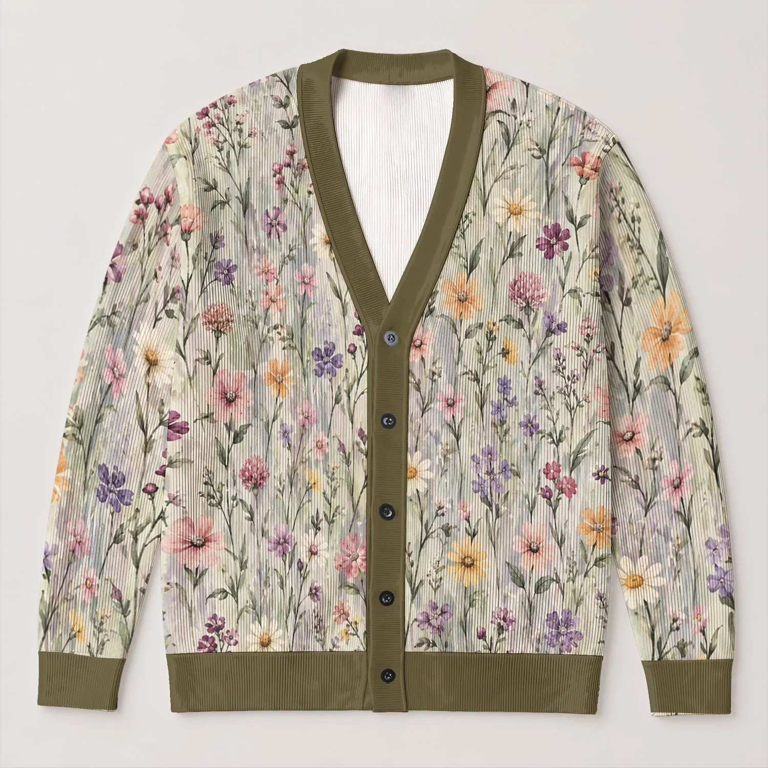Pastel Wildflower Meadow Motifs for Relaxed Spring Layering and Everyday Cottage Style All-over Print Knitted Cardigan - 1