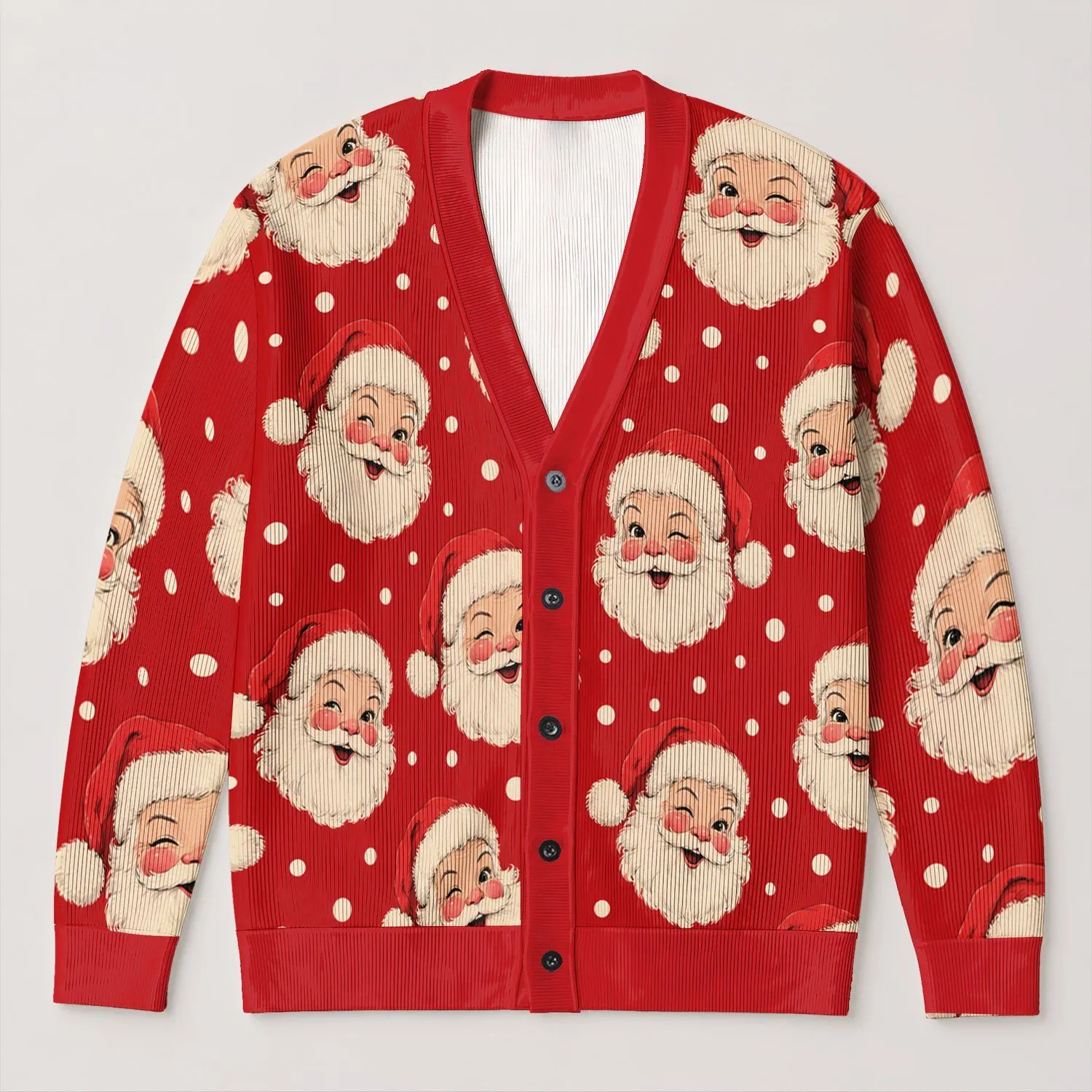 Winking Santa Claus Faces for Playful Christmas Holiday Layering All-over Print Knitted Cardigan - 1