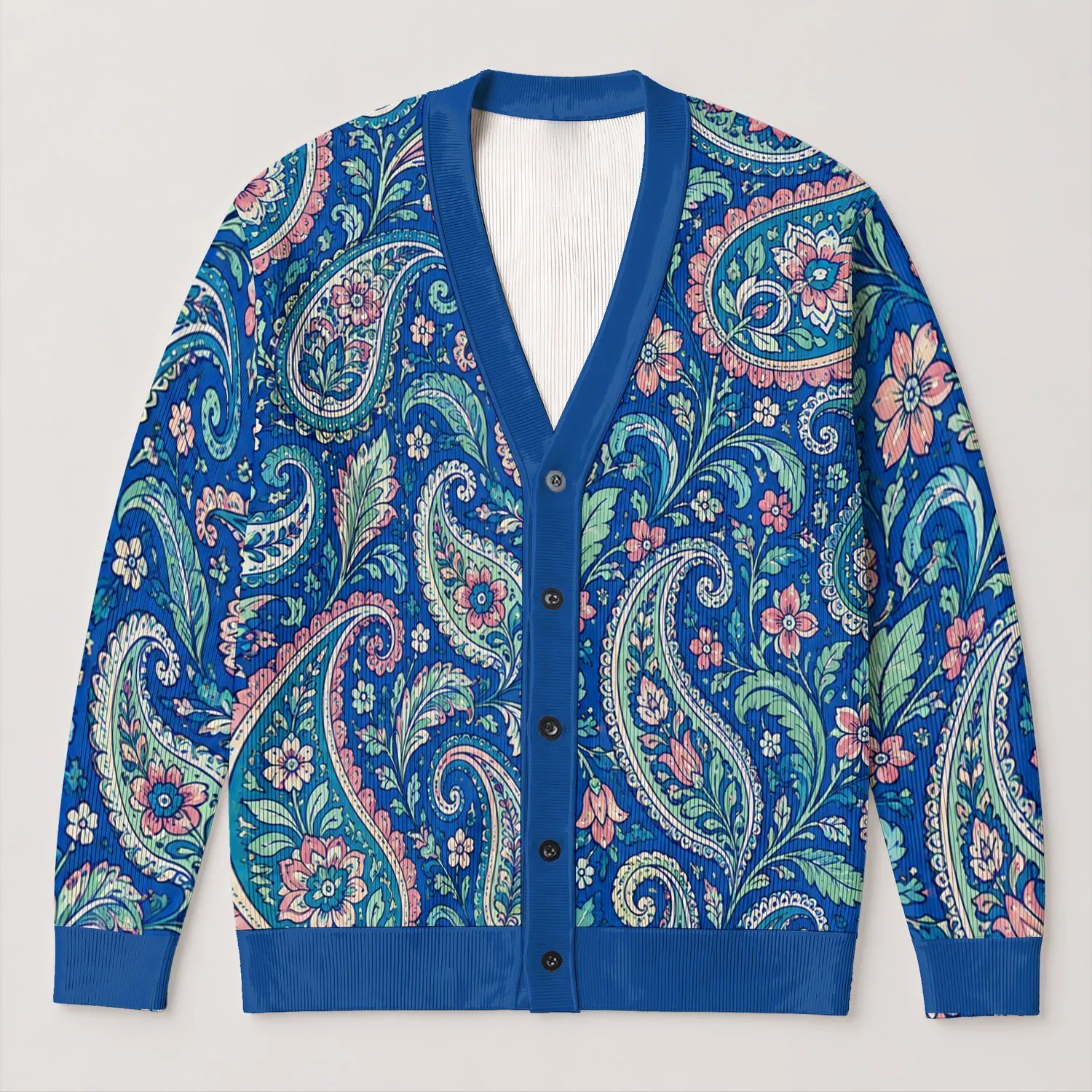 Blue Paisley Motifs for Colorful Autumn Layering and Everyday Bohemian Style All-over Print Knitted Cardigan - 1