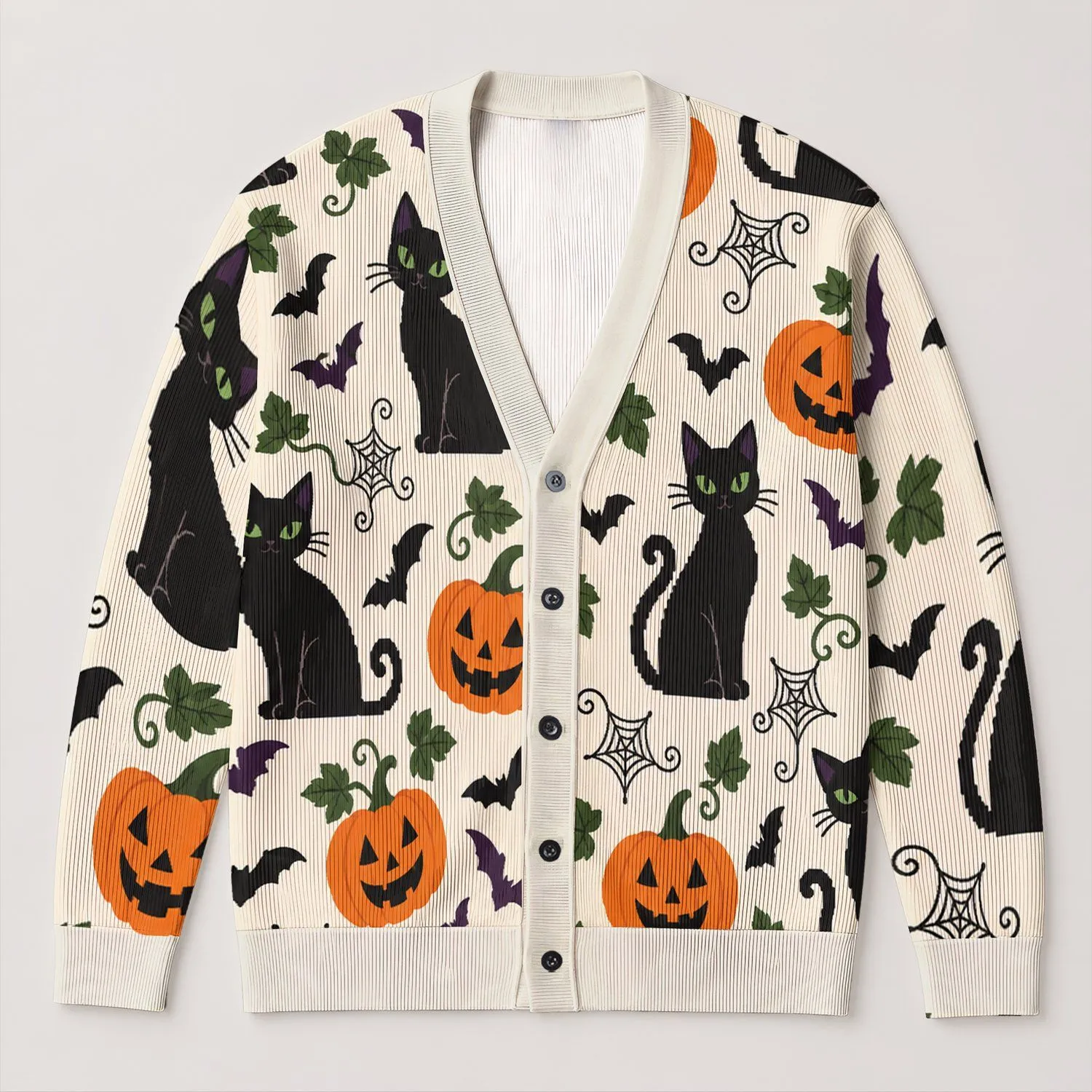 Black Cats And Jack-O'-Lanterns For Cozy Autumn Halloween Days All-over Print Knitted Cardigan - 1