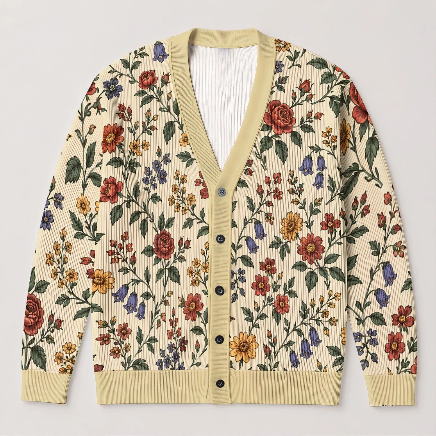 Vintage Cream Floral Blooms for Cozy Autumn Days and Everyday Layering All-over Print Knitted Cardigan - 1