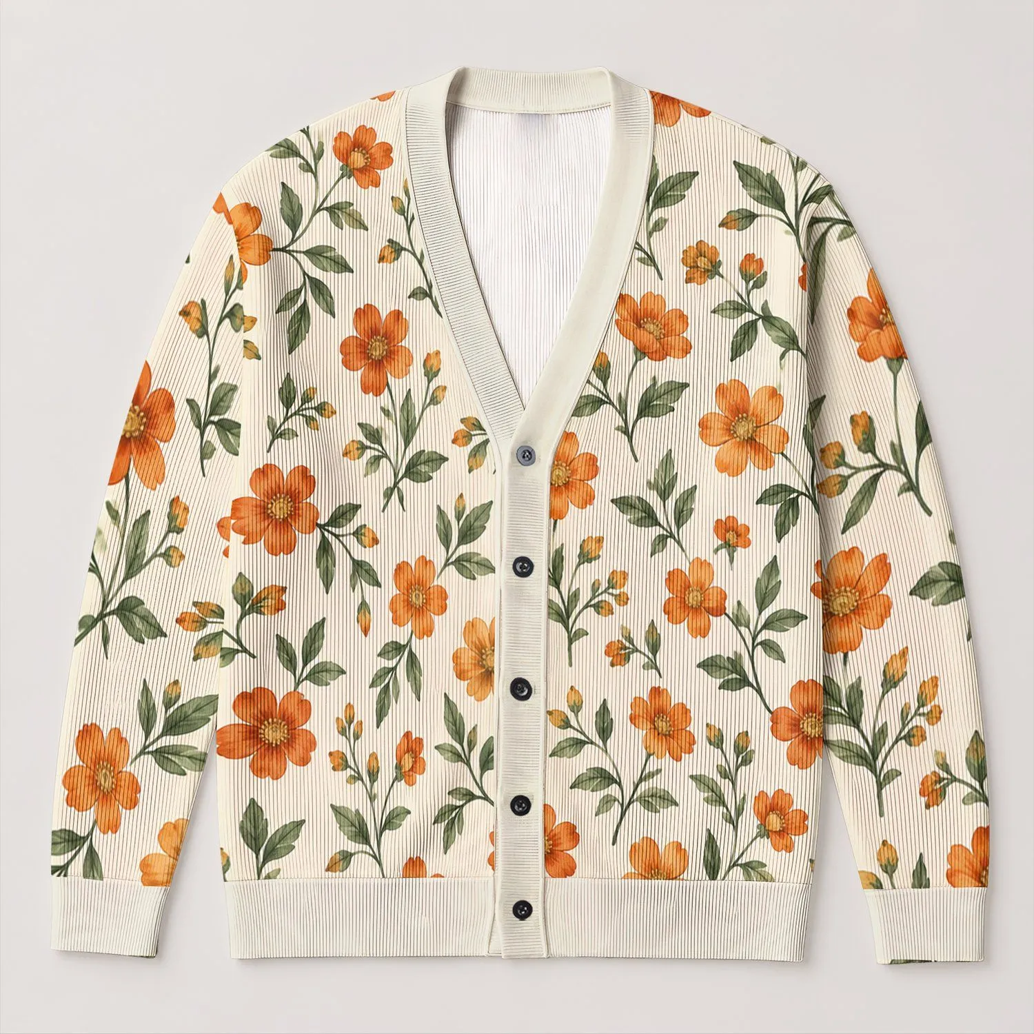Orange Wildflower Sprigs for Cozy Autumn Layering and Relaxed Everyday Style All-over Print Knitted Cardigan - 1