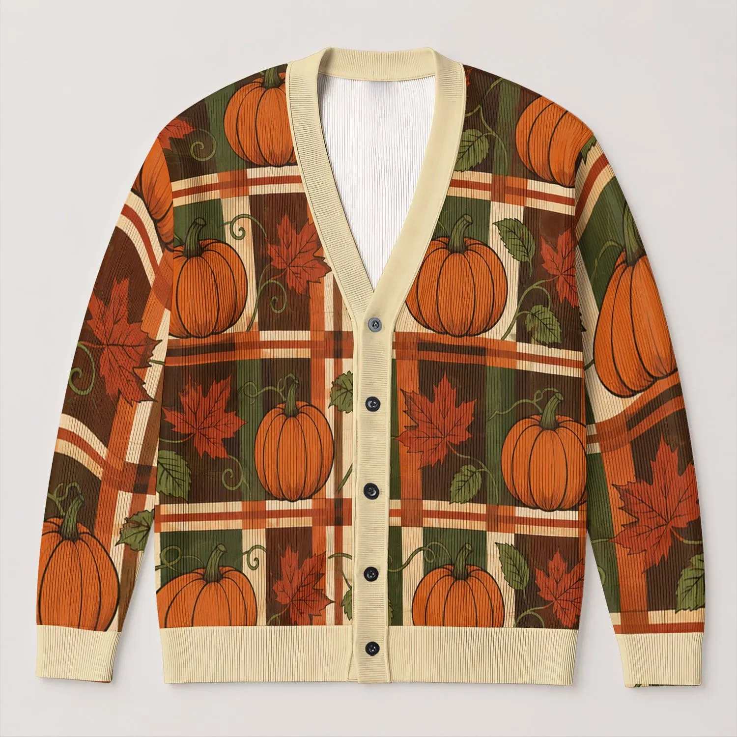 Autumn Pumpkins Maple Leaves and Plaid for Cozy Fall Outings and Everyday Layering All-over Print Knitted Cardigan - 1