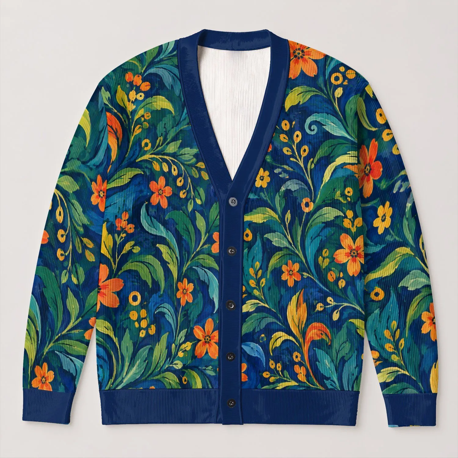 Abstract Botanical Blooms for Colorful Everyday Layering and Creative Style All-over Print Knitted Cardigan - 1