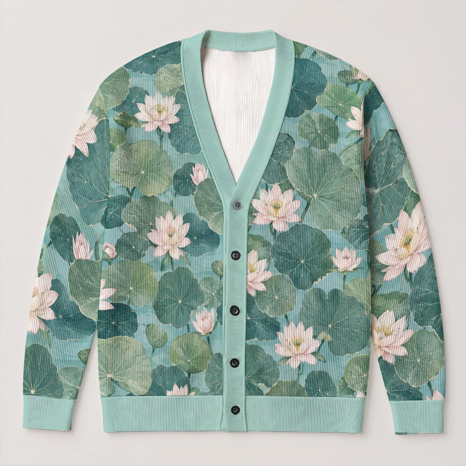 Lotus Lily And Water Lily Foliage For Relaxed Garden Days And Nature Lovers All-over Print Knitted Cardigan - 1
