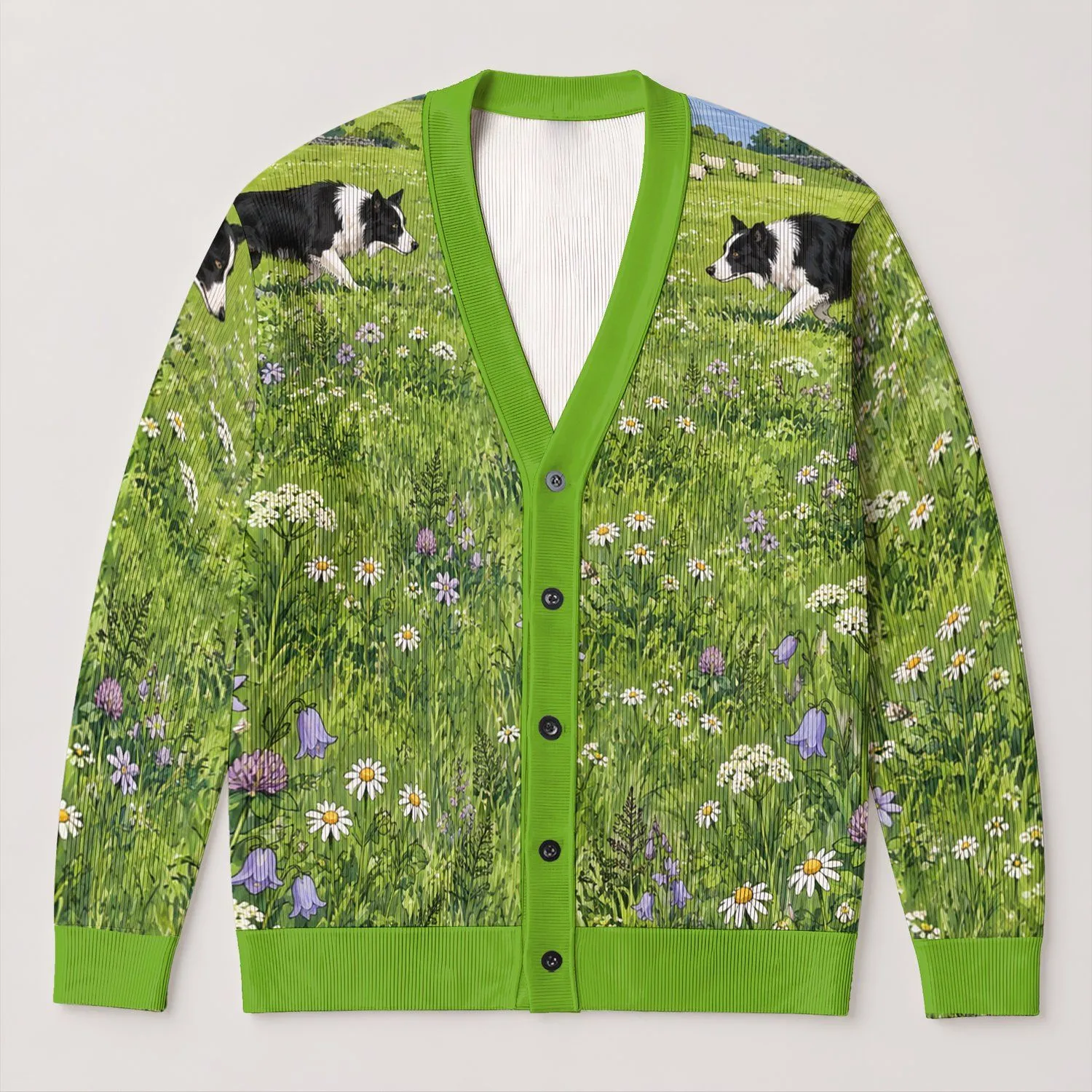 Sheepdog Meadow Scene for Countryside Walks and Relaxed Everyday Layering All-over Print Knitted Cardigan - 1