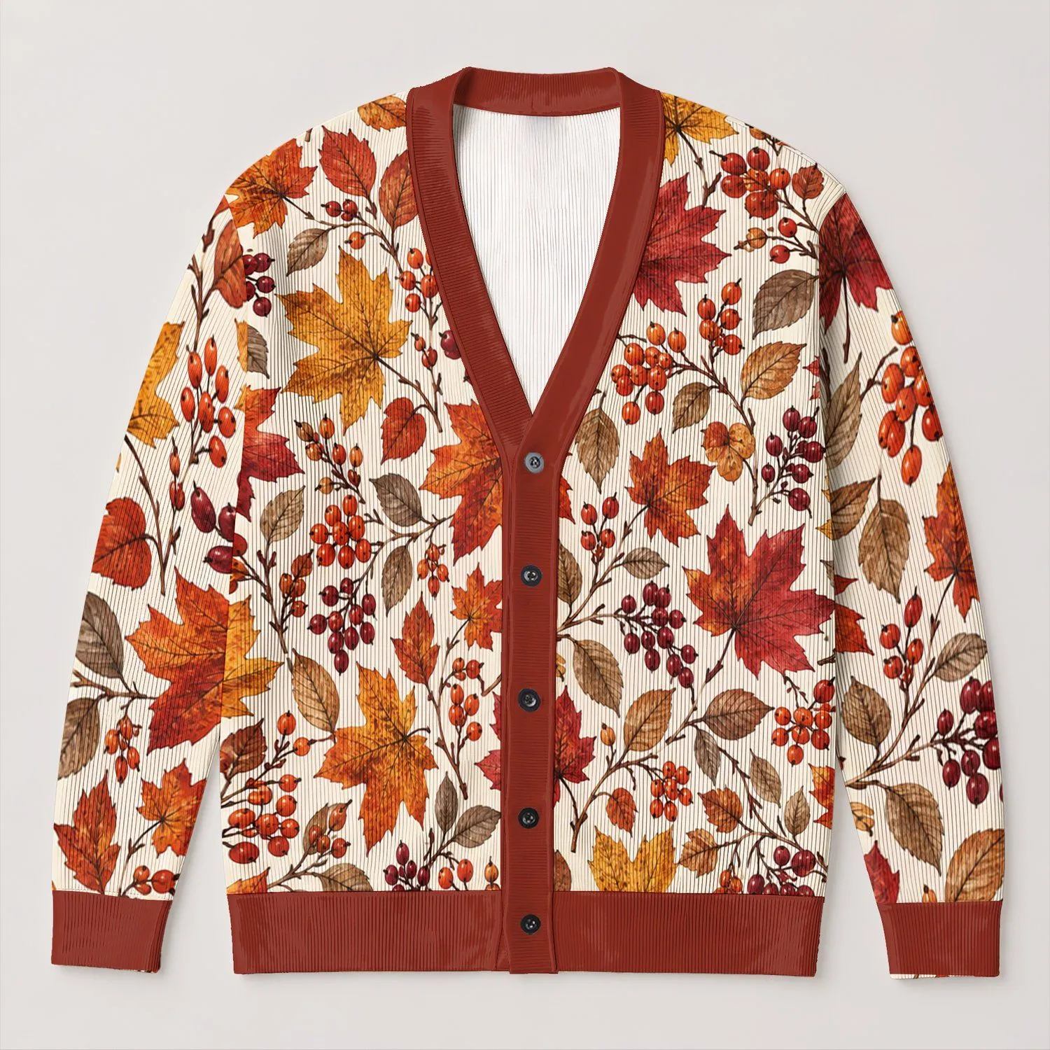 Autumn Maple Leaves And Berry Sprigs For Cozy Seasonal Layering And Nature-Loving Women All-over Print Knitted Cardigan - 1