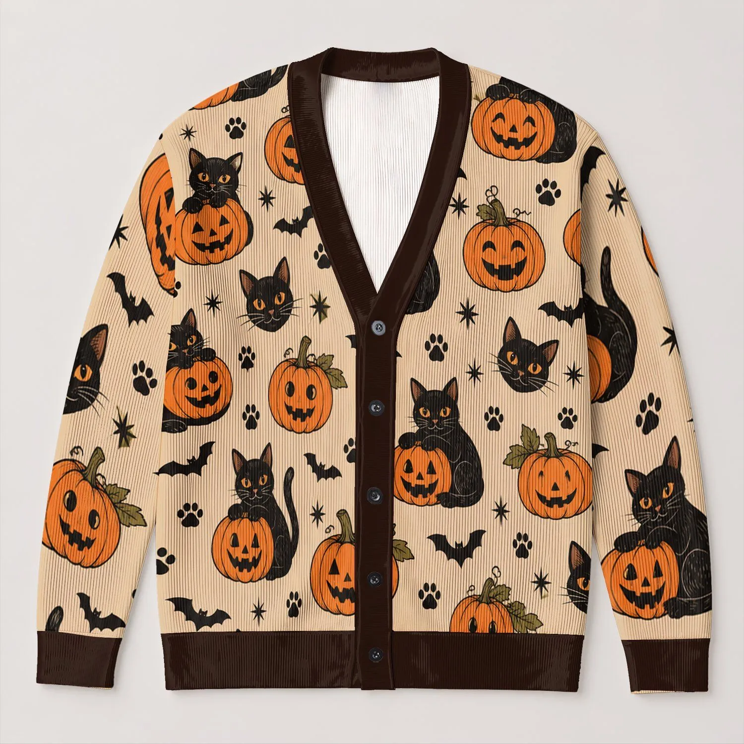 Halloween Pumpkin, Black Cat and Bat Motifs for Autumn Outings and Cozy Seasonal Wear All-over Print Knitted Cardigan - 1
