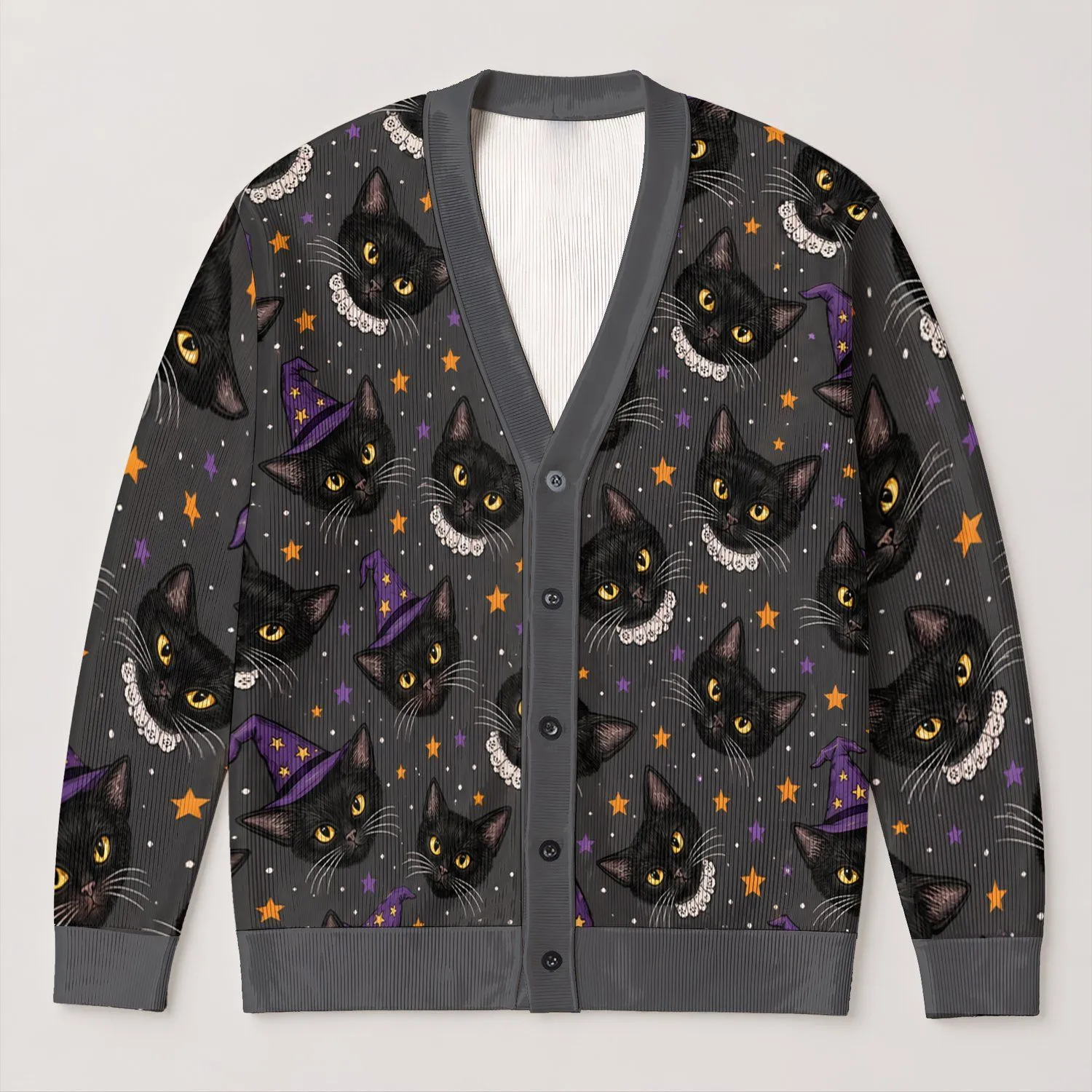 Black Cats, Witch Hats And Stars For Whimsical Autumn Everyday Wear All-over Print Knitted Cardigan - 1
