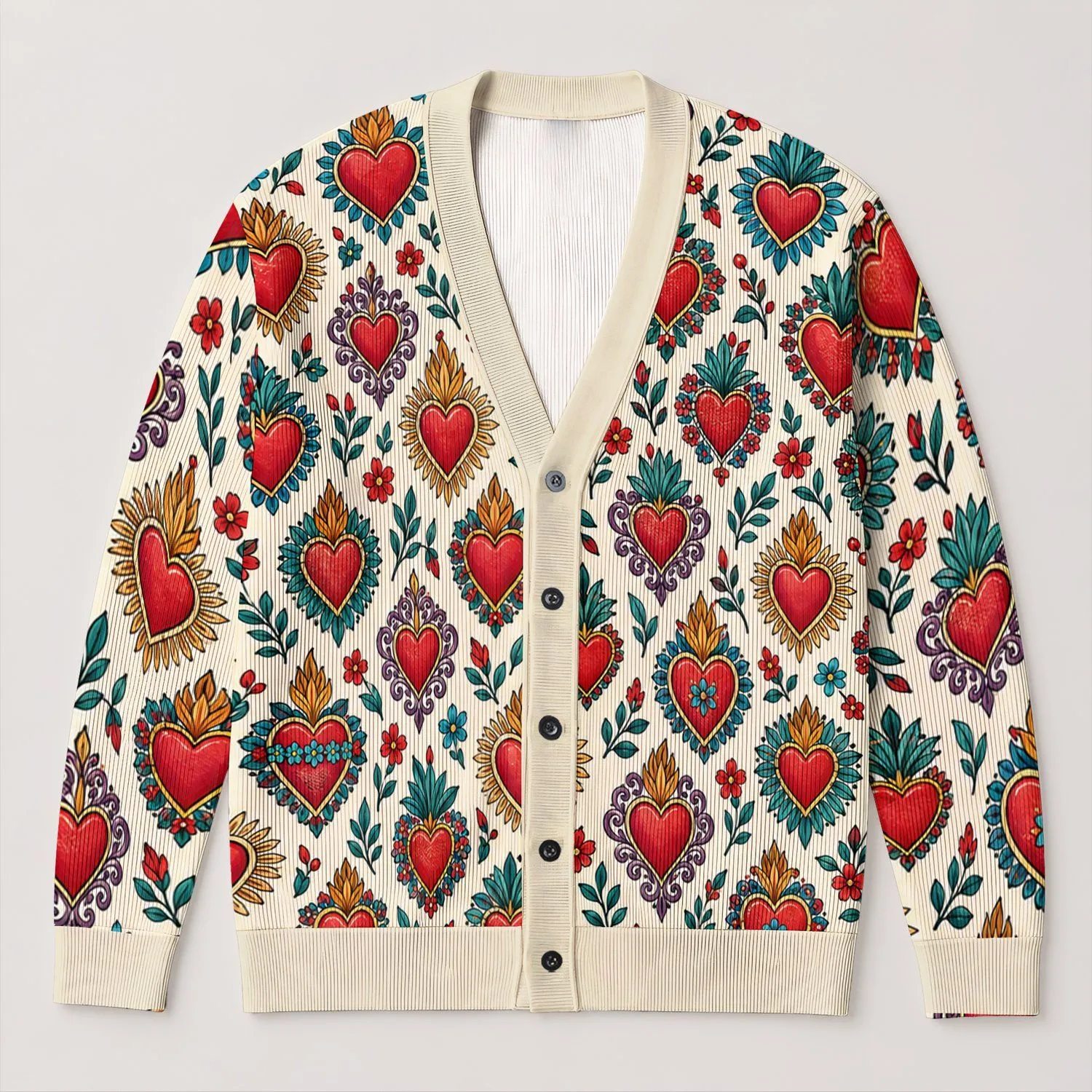 Ornate Sacred Hearts for Romantic Autumn Layering and Everyday Bohemian Style for Women All-over Print Knitted Cardigan - 1