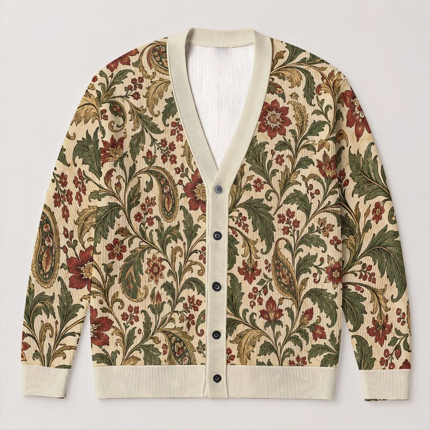 Ivory Olive Botanical Scrolls for Cozy Autumn Outings and Everyday Layering All-over Print Knitted Cardigan - 1