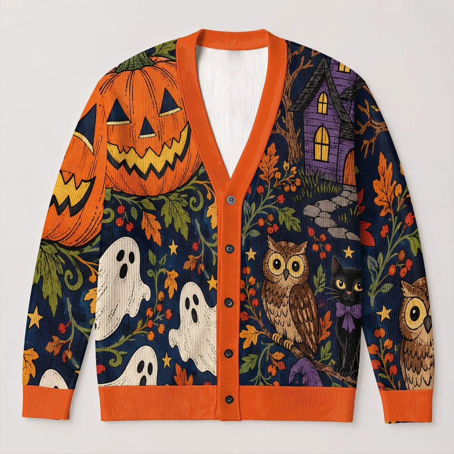 Pumpkin, Black Cat and Haunted House Halloween Autumn Fall Style for Women All-over Print Knitted Cardigan - 1