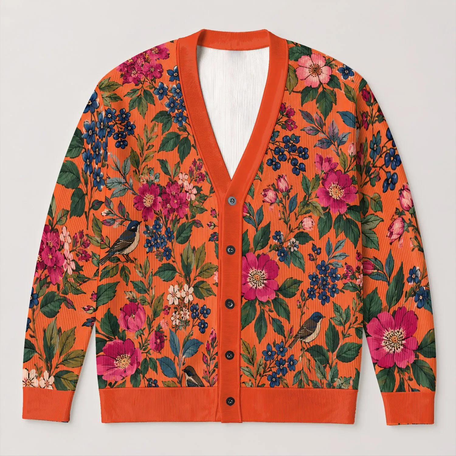 Coral Botanical Birds and Wildflowers for Cozy Autumn Layering, Women's Nature Style All-over Print Knitted Cardigan - 1