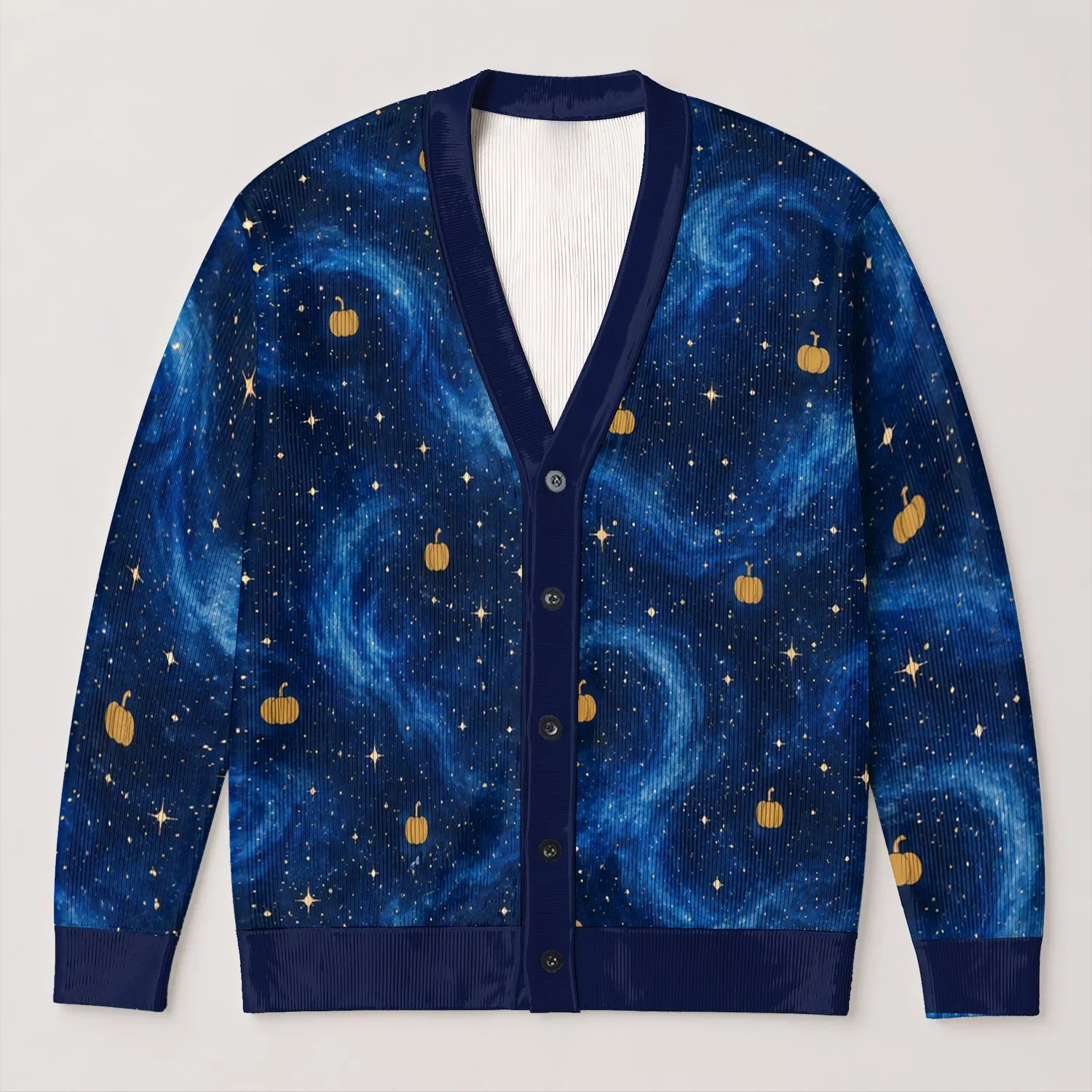 Gold Pumpkins And Starry Night Skies For Cozy Autumn Halloween Evenings All-over Print Knitted Cardigan - 1