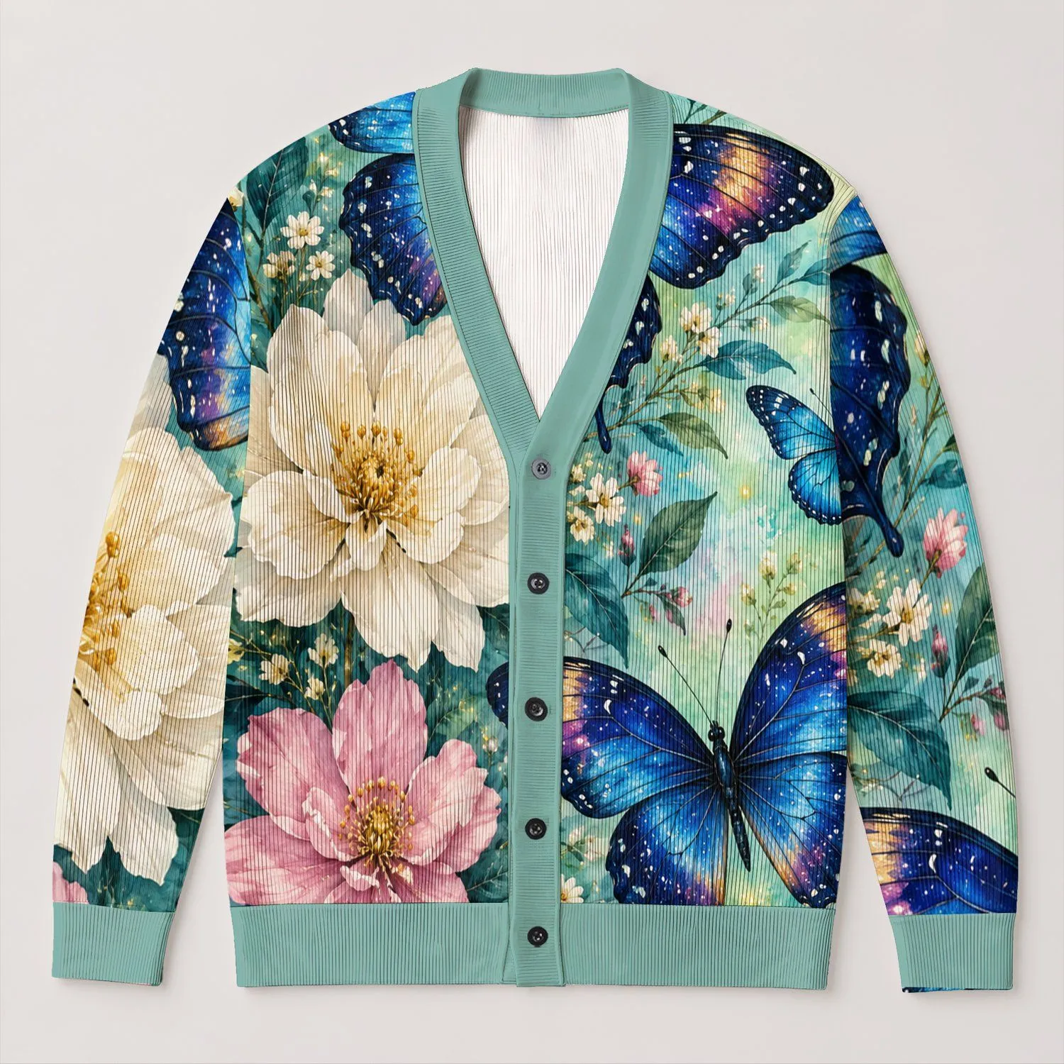 Blue Butterfly And Floral Garden Motifs For Relaxed Everyday Nature-Inspired Style All-over Print Knitted Cardigan - 1