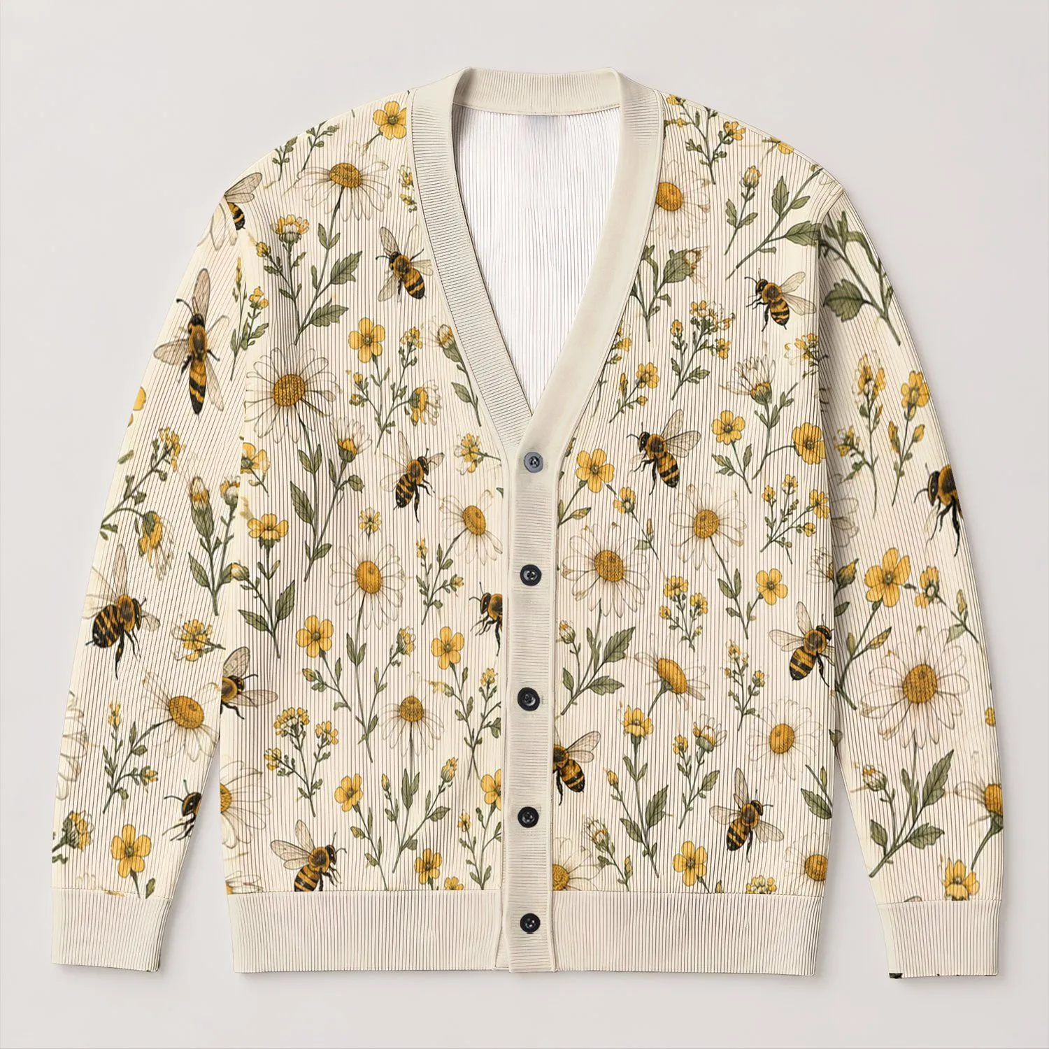 Wildflower Bee Motifs For Garden Days And Nature Lovers All-over Print Knitted Cardigan - 1