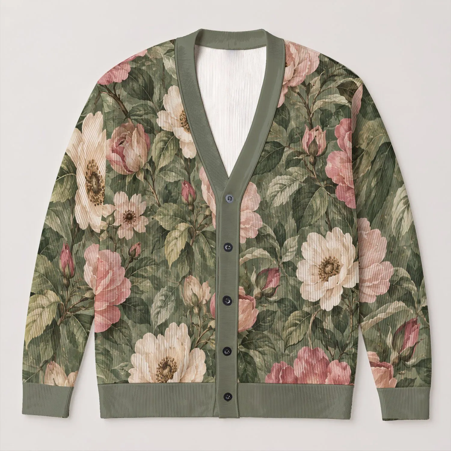 Blush Rose And Ivory Garden Flowers For Relaxed Everyday Layering All-over Print Knitted Cardigan - 1