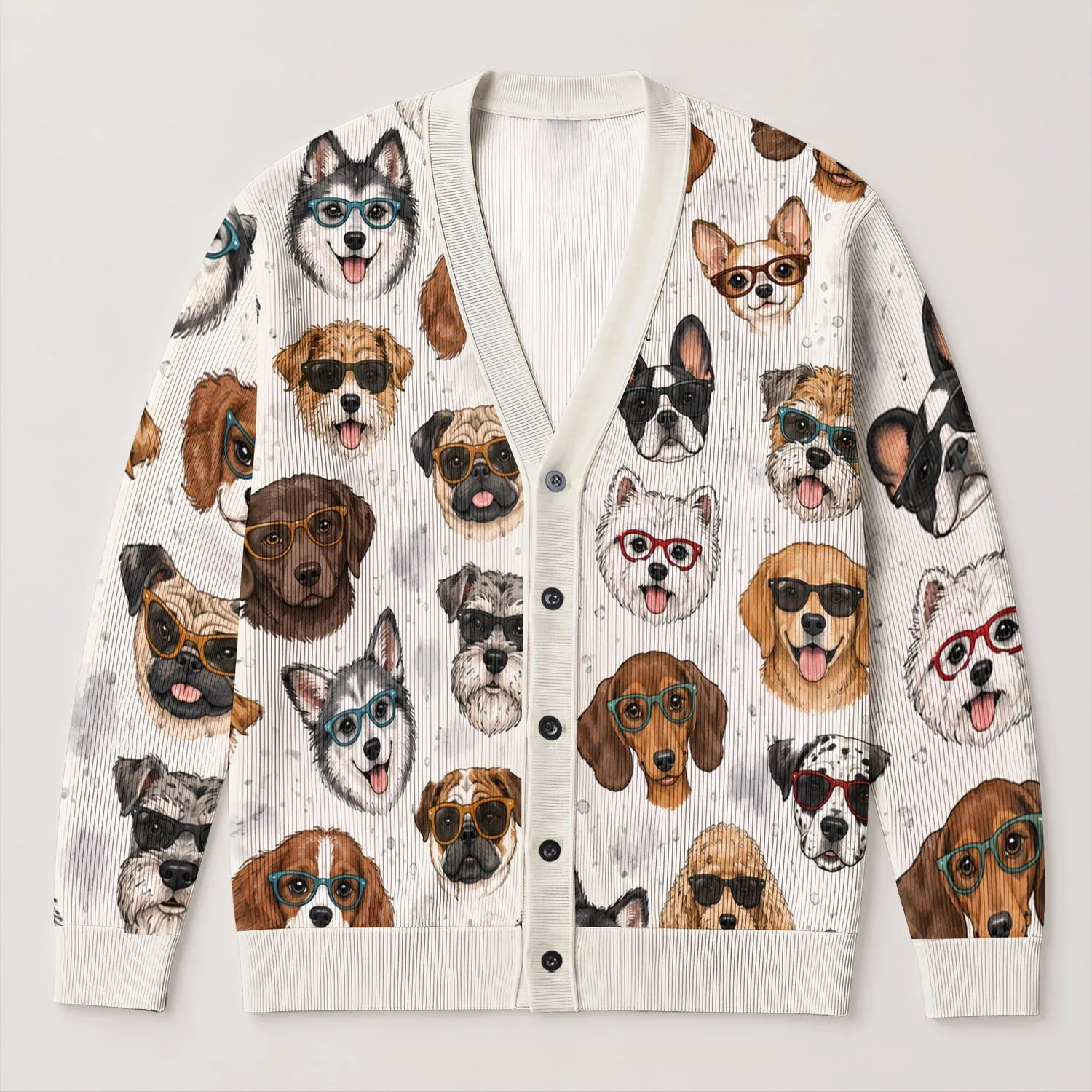 Whimsical Eyeglass-Wearing Dog Faces for Cozy Everyday Layering and Animal Lovers All-over Print Knitted Cardigan - 1
