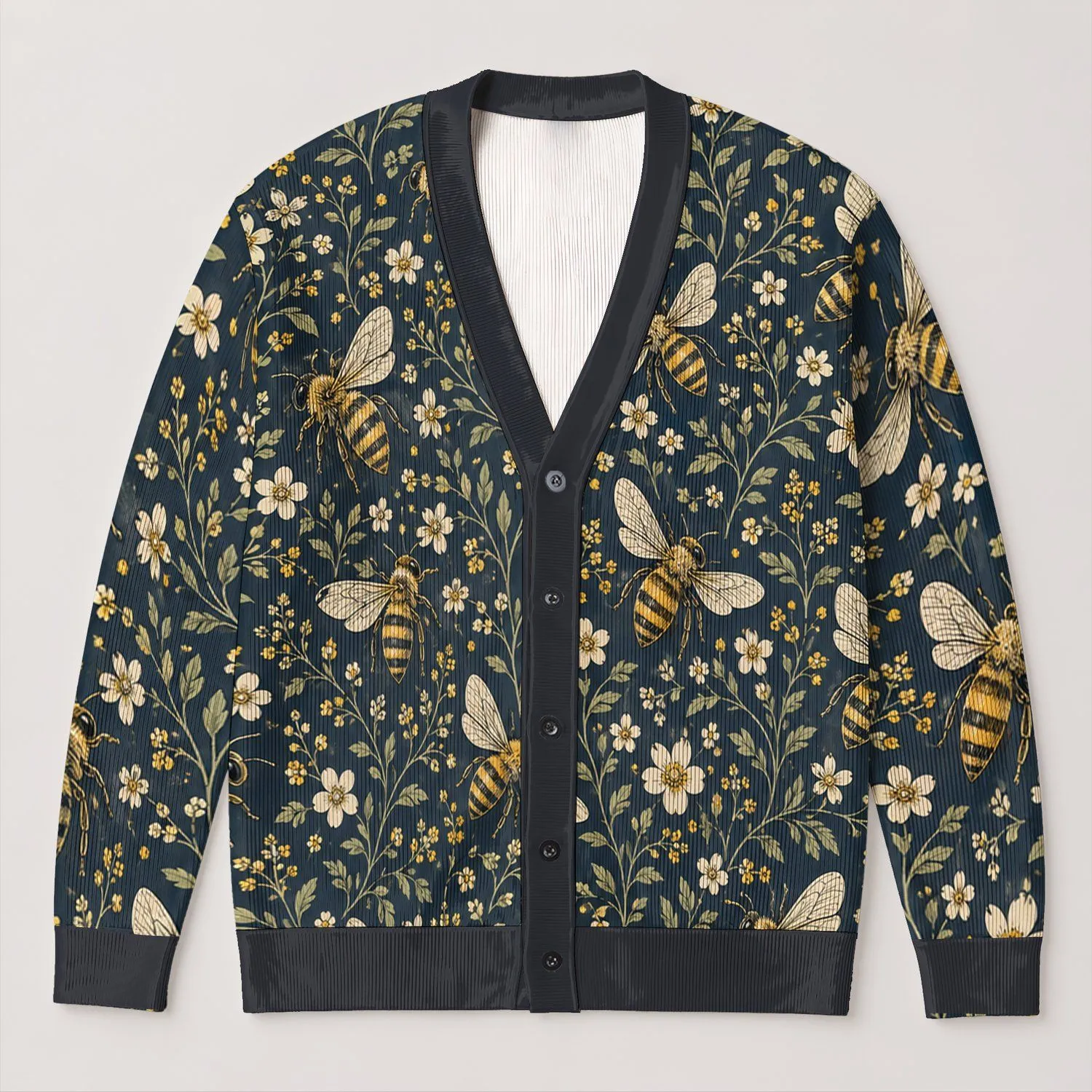 Honeybee And Wildflower Motifs For Nature Lovers And Everyday Layering All-over Print Knitted Cardigan - 1