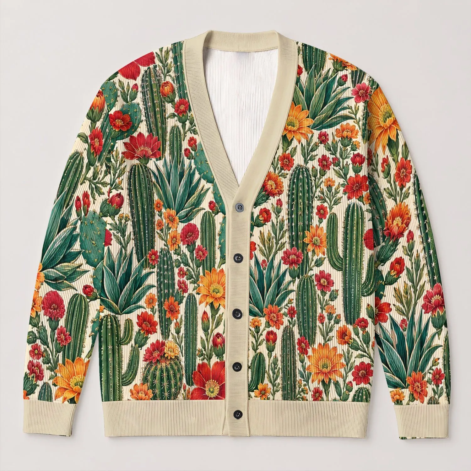 Desert Cactus And Wildflower Motifs For Everyday Southwestern Bohemian Style All-over Print Knitted Cardigan - 1