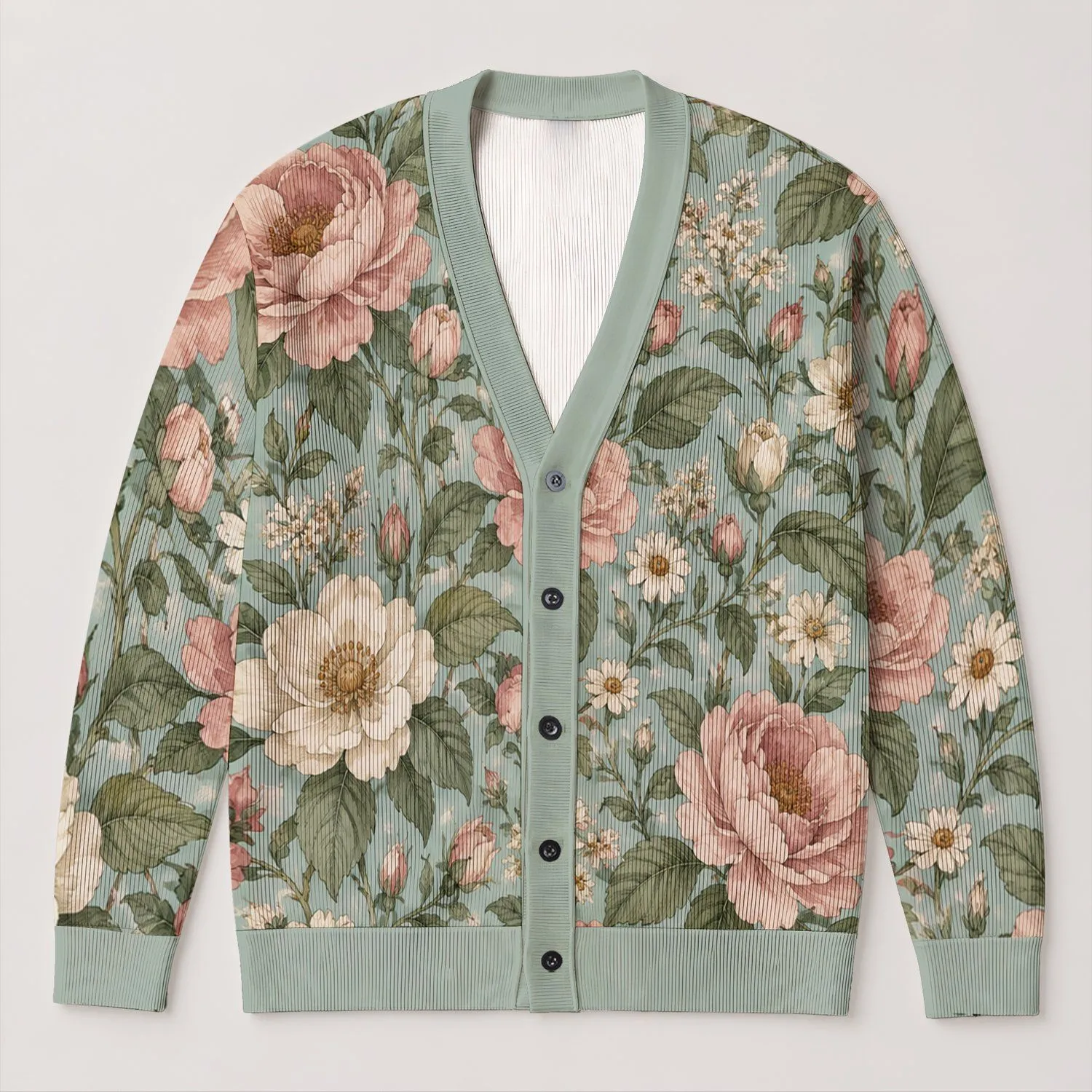 Vintage Sage And Blush Botanical Blooms For Relaxed Everyday Layering All-over Print Knitted Cardigan - 1