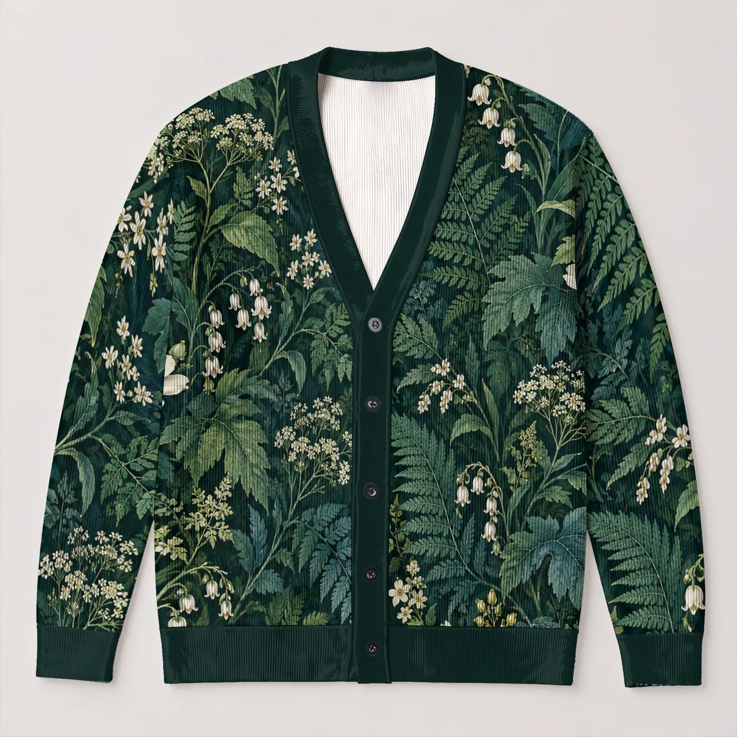 Forest Ferns and Ivory Blooms for Cozy Autumn Garden Walks and Everyday Nature Style All-over Print Knitted Cardigan - 1