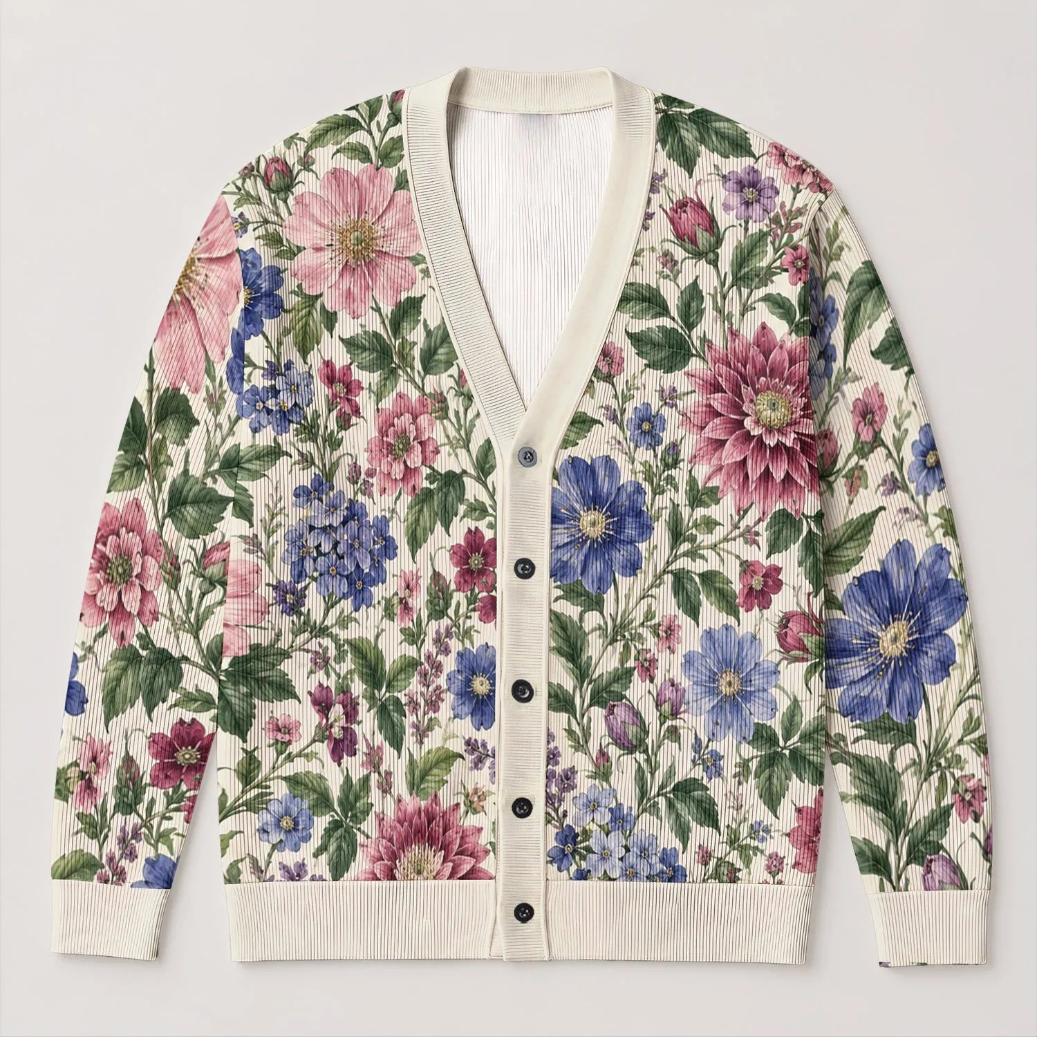 Vintage Pink Blue Floral Blooms for Relaxed Everyday Layering All-over Print Knitted Cardigan - 1
