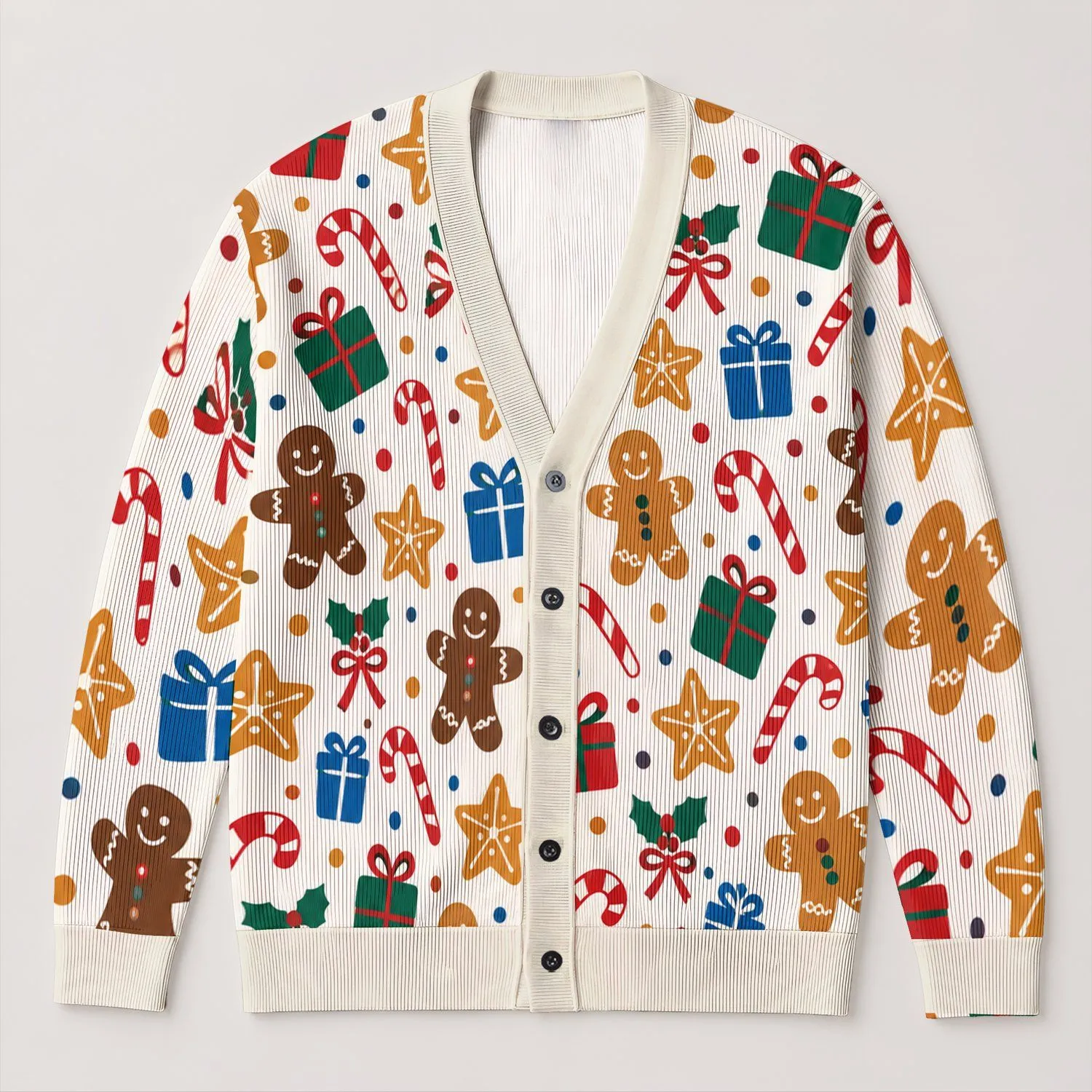 Candy Canes, Gingerbread And Gift Motifs For Festive Holiday Celebrations All-over Print Knitted Cardigan - 1