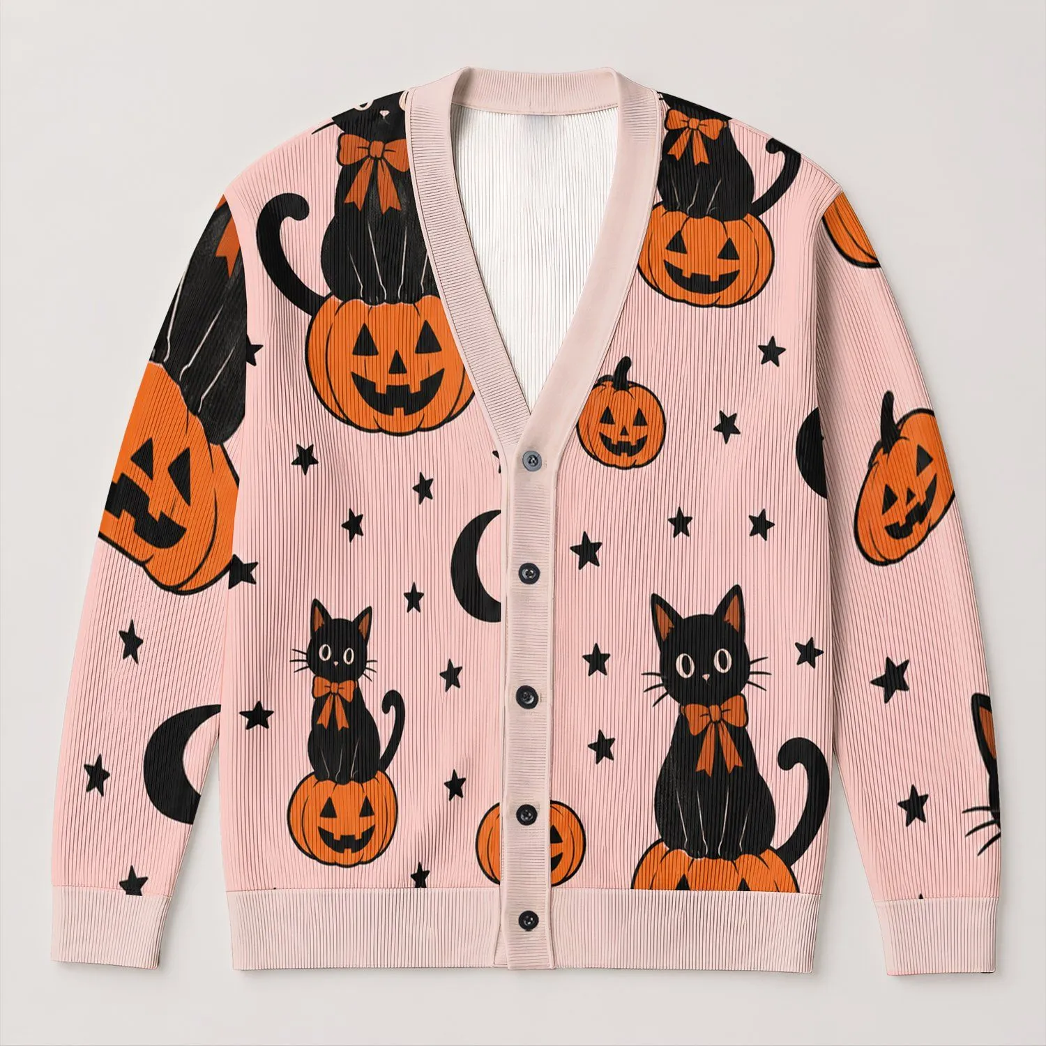 Black Cats on Jack-o'-Lanterns for Cozy Halloween Evenings and Autumn Gatherings All-over Print Knitted Cardigan - 1