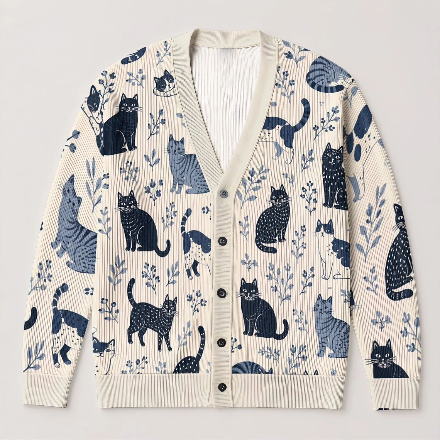 Whimsical Navy Cat Motifs for Cozy Everyday Layering and Relaxed Autumn Outings All-over Print Knitted Cardigan - 1