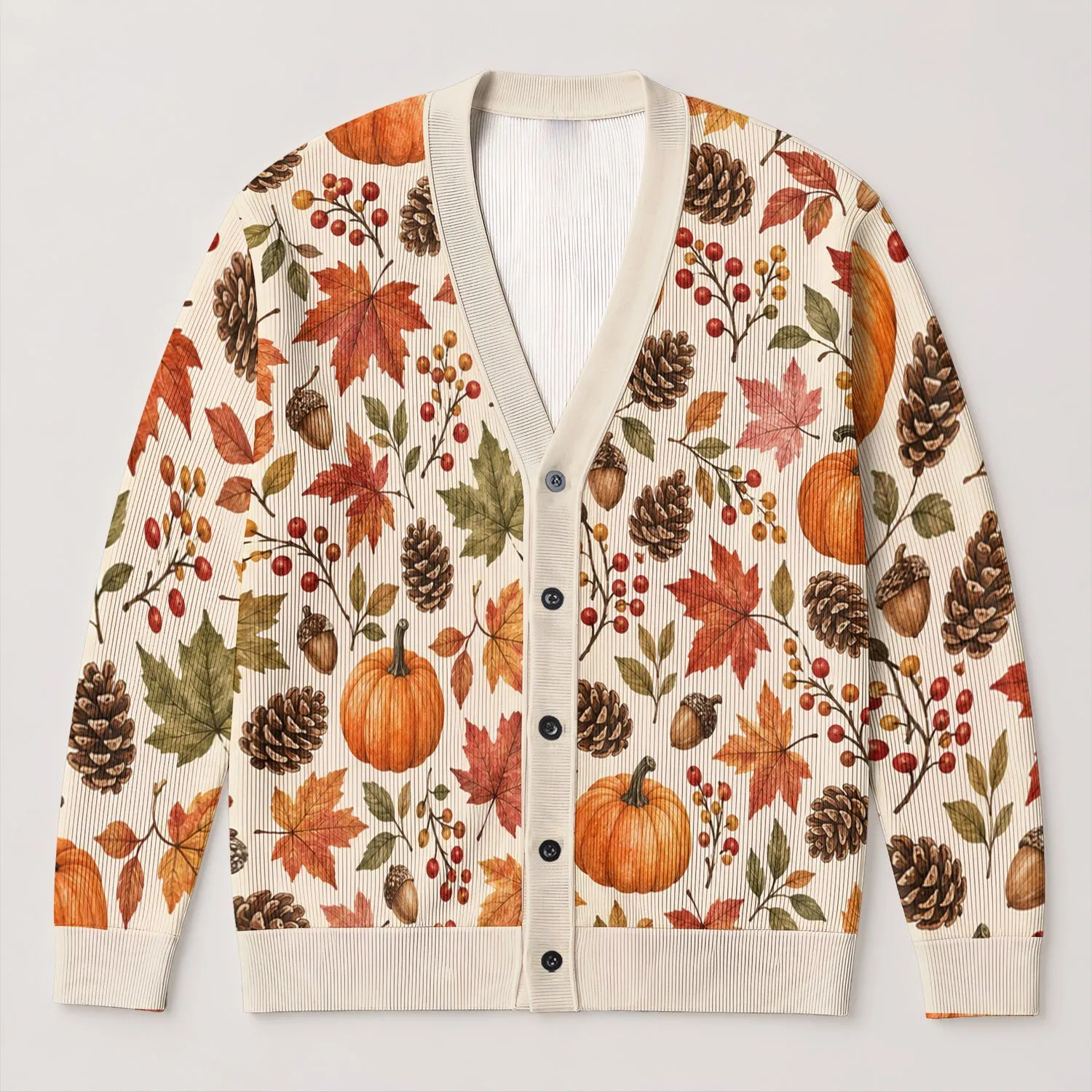 Pumpkin Maple Leaf And Pinecone Autumn Style For Cozy Everyday Layering All-over Print Knitted Cardigan - 1