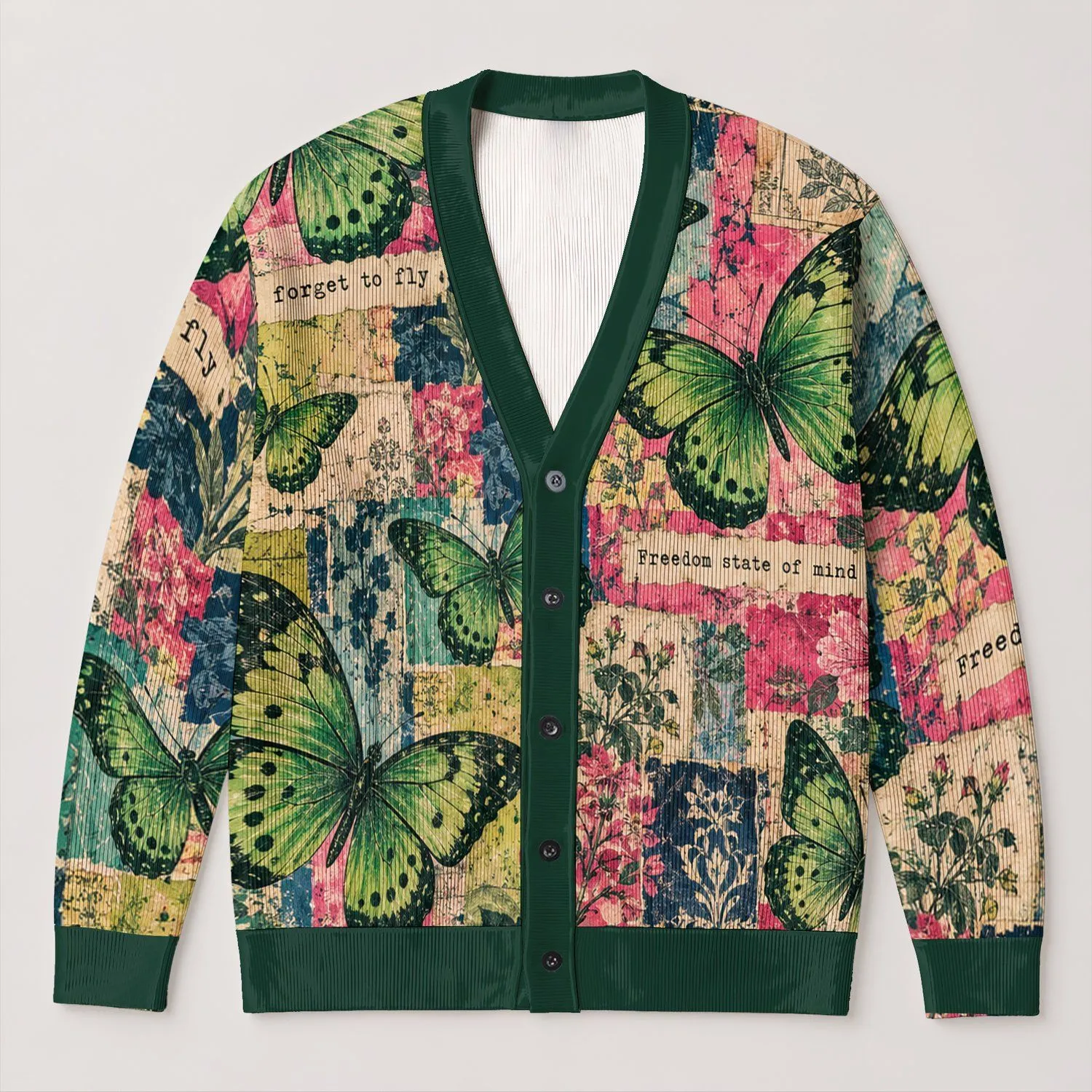 Green Butterfly Freedom Collage for Creative Everyday Layering and Nature Lovers All-over Print Knitted Cardigan - 1