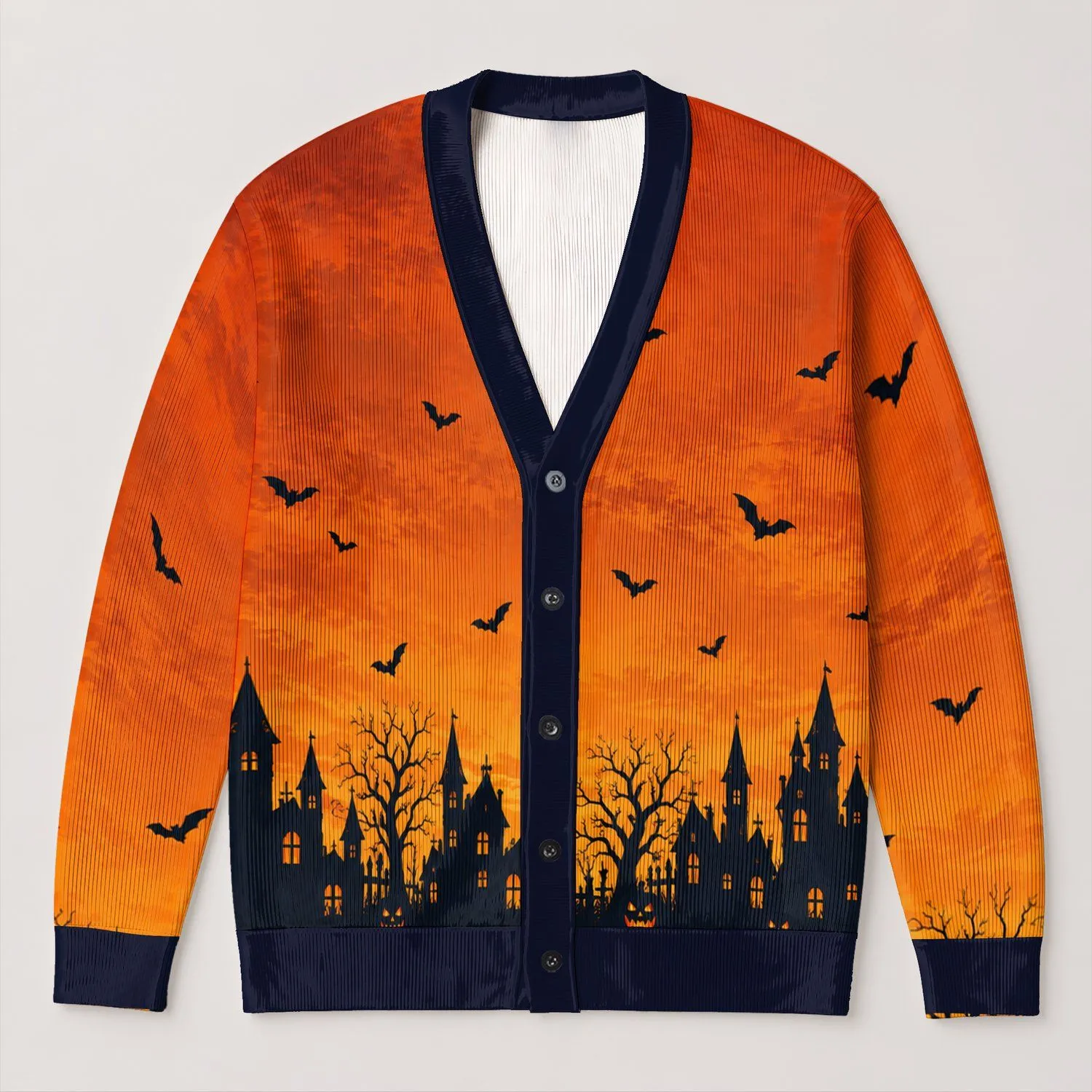 Haunted House and Flying Bats for Spooky Halloween Nights and Cozy Autumn Gatherings All-over Print Knitted Cardigan - 1