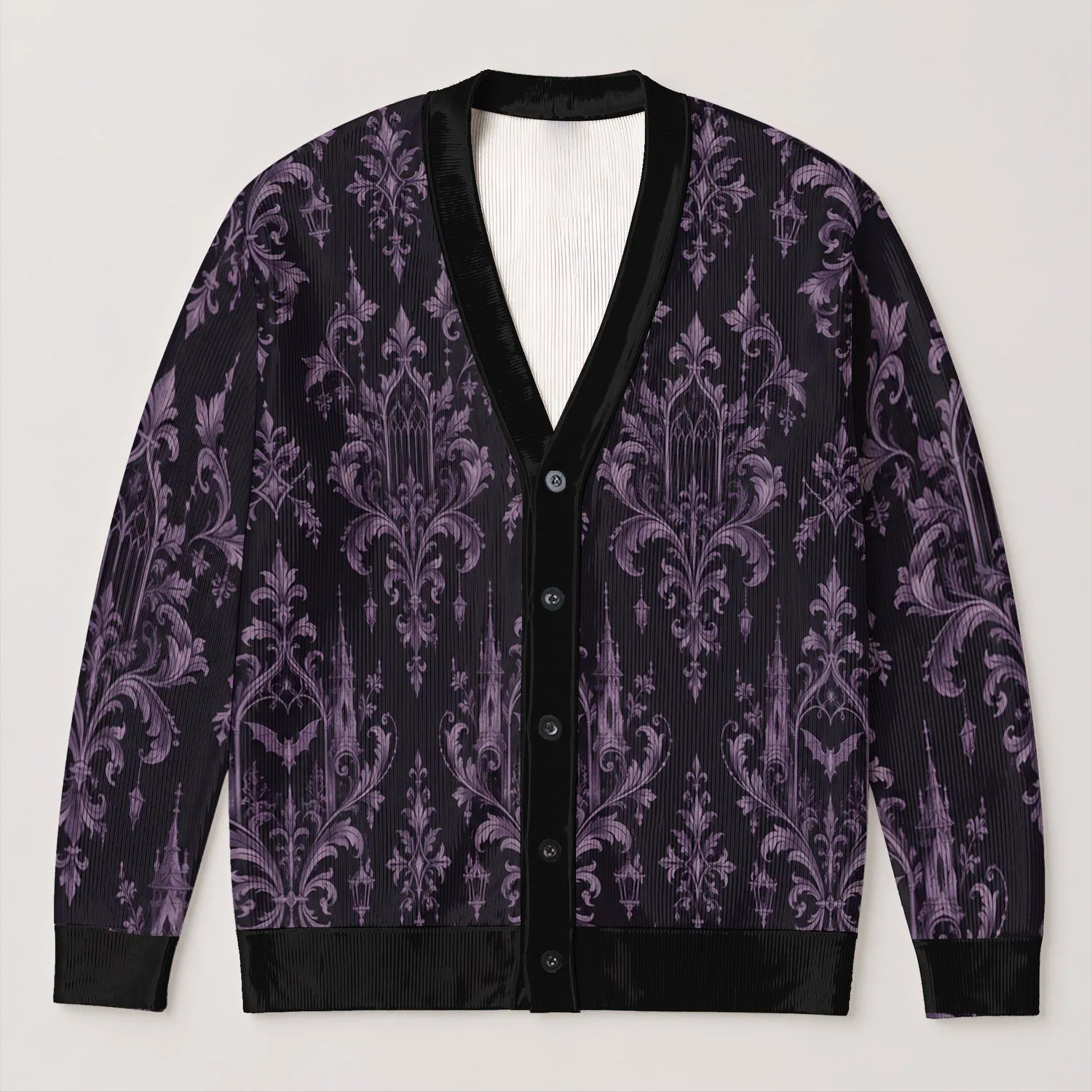 Purple Gothic Damask for Halloween Nights and Dark Academia Everyday Style All-over Print Knitted Cardigan - 1