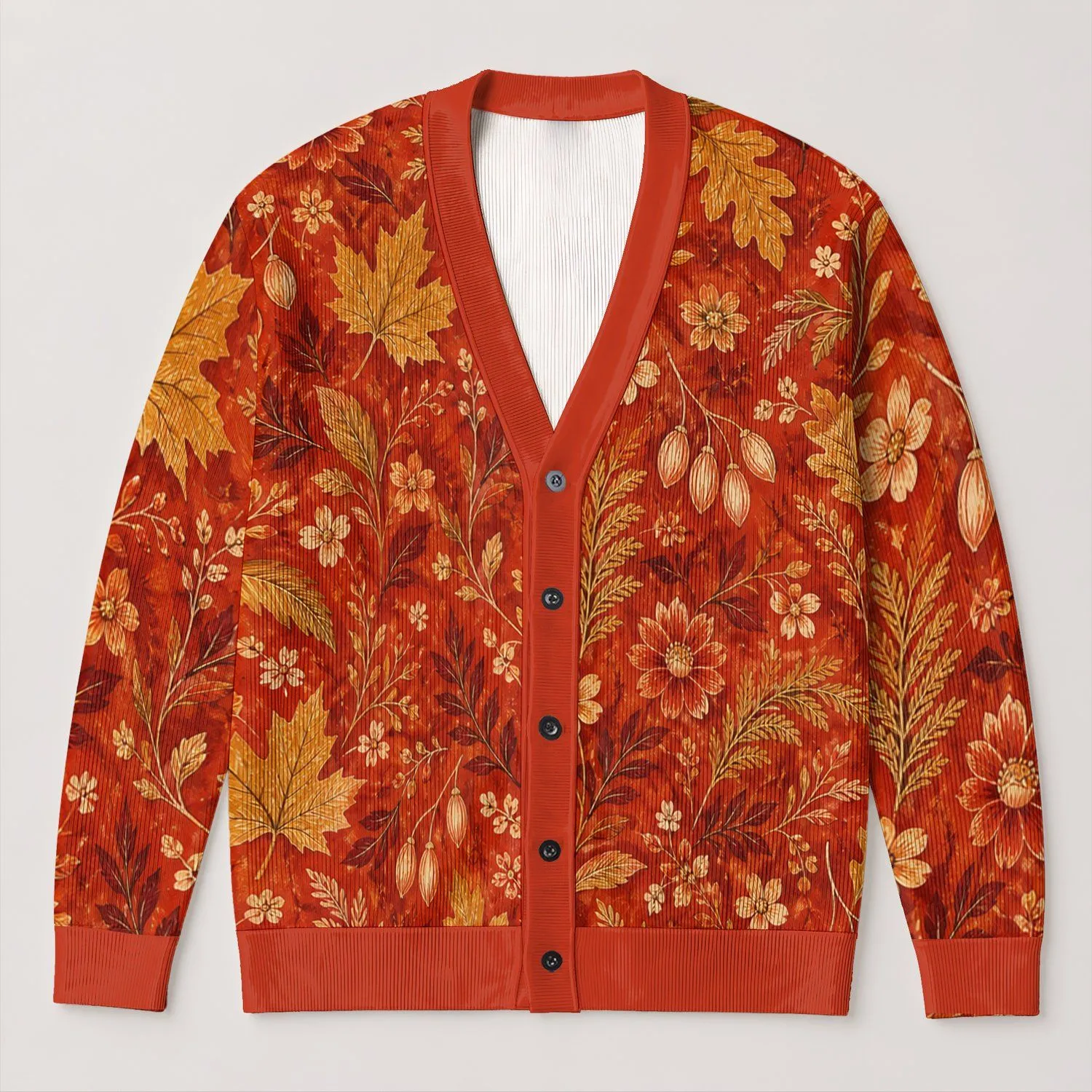 Autumn Leaves and Golden Florals for Cozy Fall Layering, Elegant Women's Seasonal Style All-over Print Knitted Cardigan - 1
