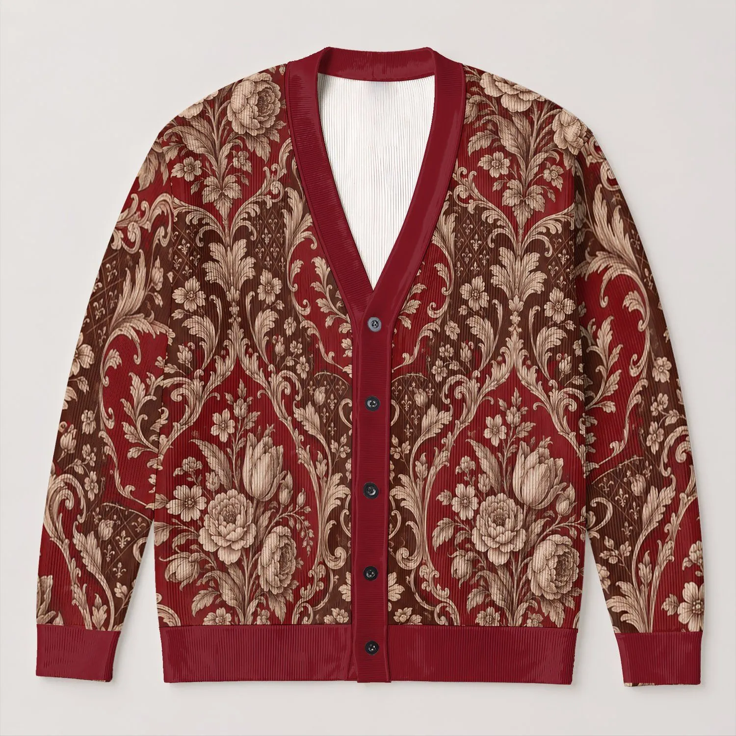 Vintage Crimson Floral Damask for Everyday Bohemian Layering and Women All-over Print Knitted Cardigan - 1