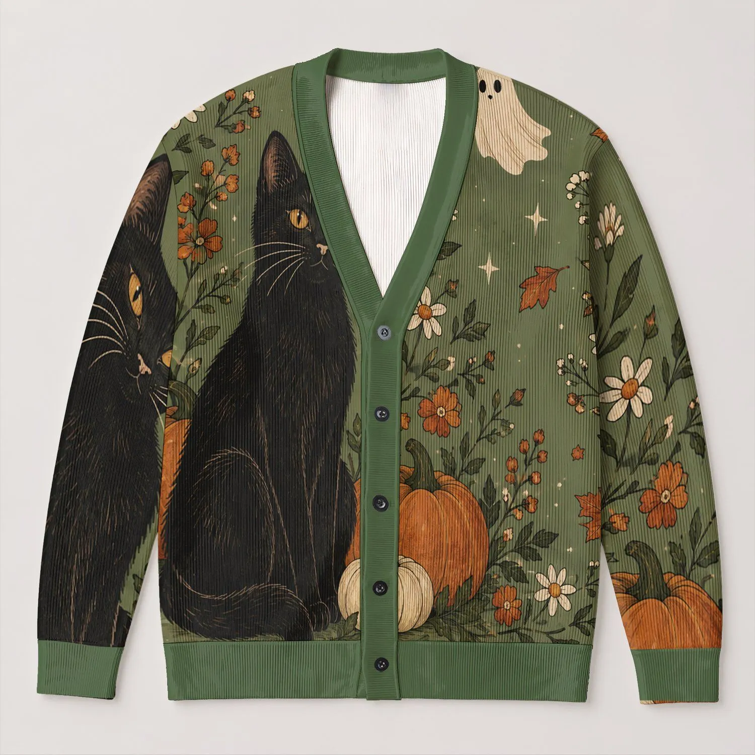 Black Cat, Pumpkins & Autumn Blooms for Cozy Halloween Days and Fall Layering Wear All-over Print Knitted Cardigan - 1