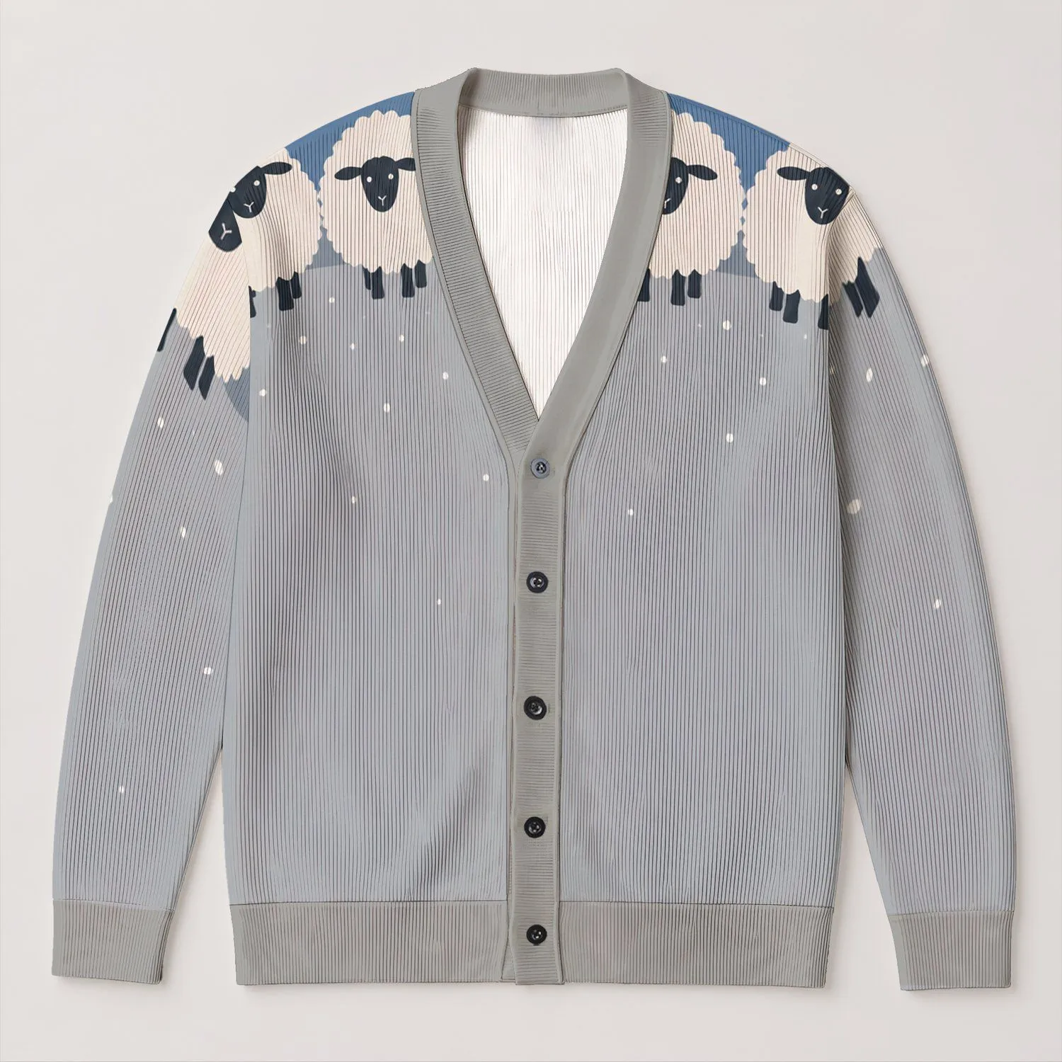 Playful Sheep and Falling Snow Motif for Cozy Countryside Everyday Layering All-over Print Knitted Cardigan - 1