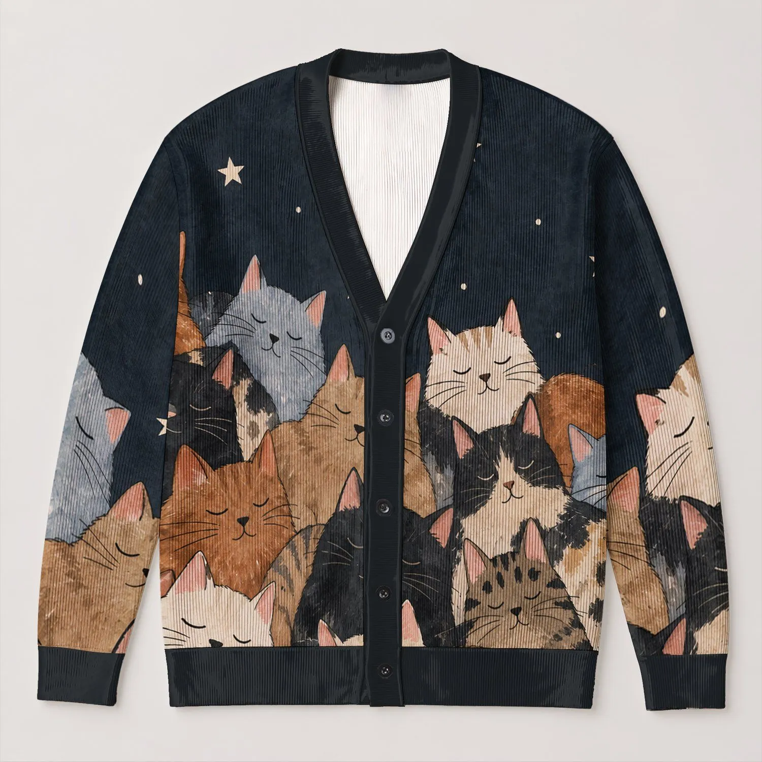 Sleepy Cat and Crescent Moon Motifs for Cozy Everyday Layering for Cat Lovers All-over Print Knitted Cardigan - 1