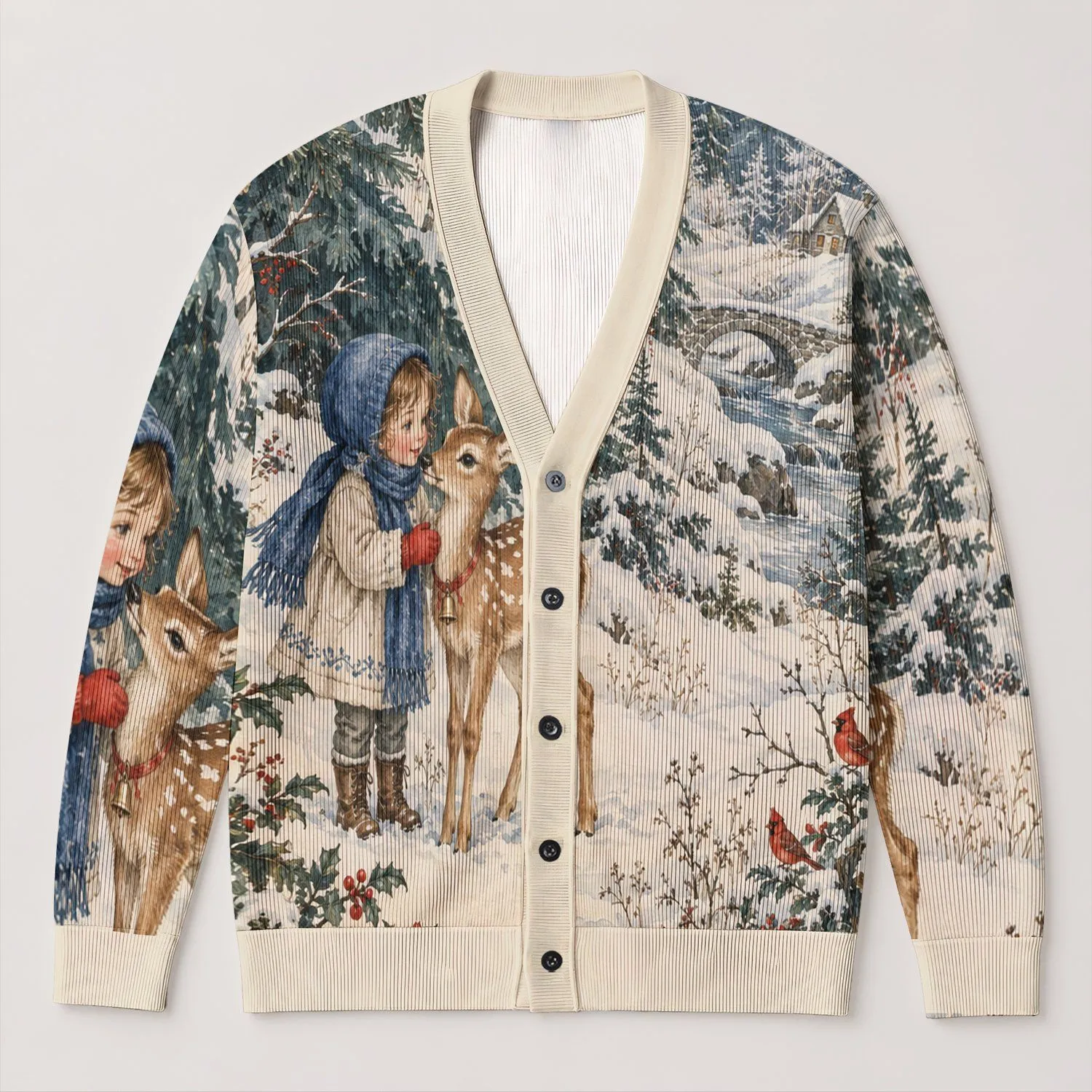 Storybook Child And Deer In A Snowy Woodland For Cozy Winter Days All-over Print Knitted Cardigan - 1