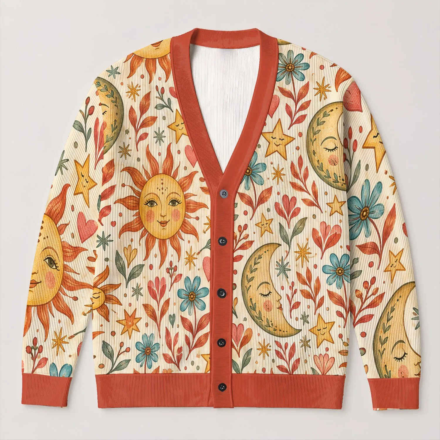 Celestial Sun Moon Hearts And Flowers For Whimsical Everyday Layering And Gift Giving All-over Print Knitted Cardigan - 1