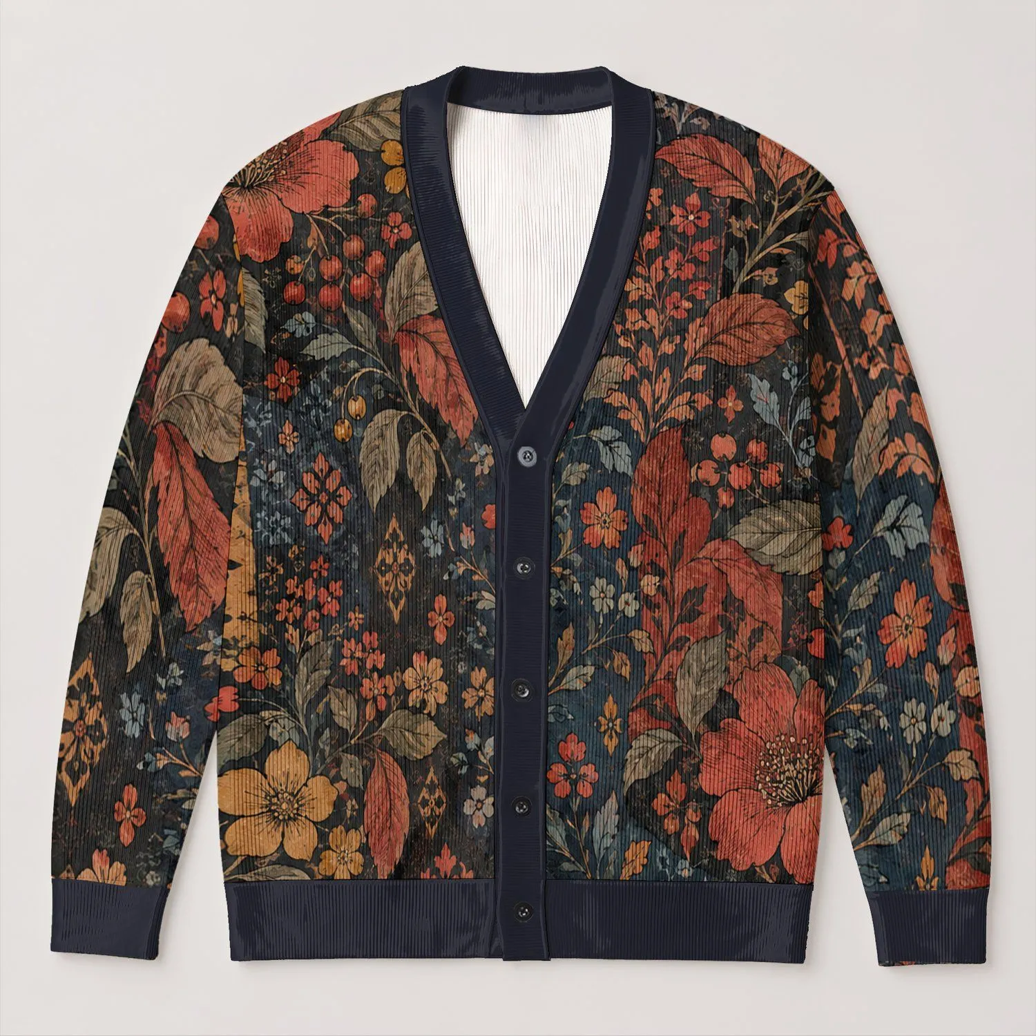 Autumn Folk Botanical Motifs for Cozy Everyday Layering in Rich Rust and Midnight Blue All-over Print Knitted Cardigan - 1