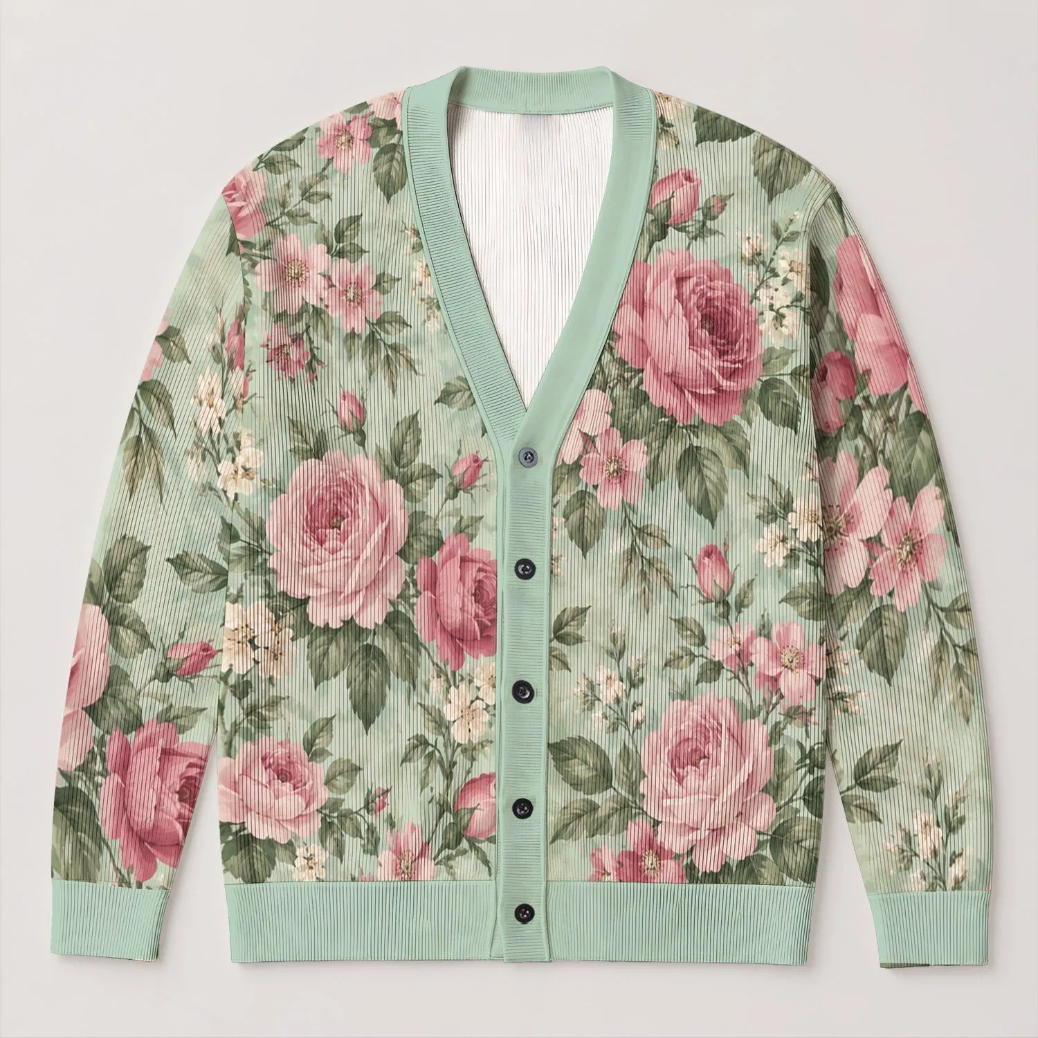Vintage Rose Garden Florals for Romantic Everyday Layering and Springtime Outings All-over Print Knitted Cardigan - 1