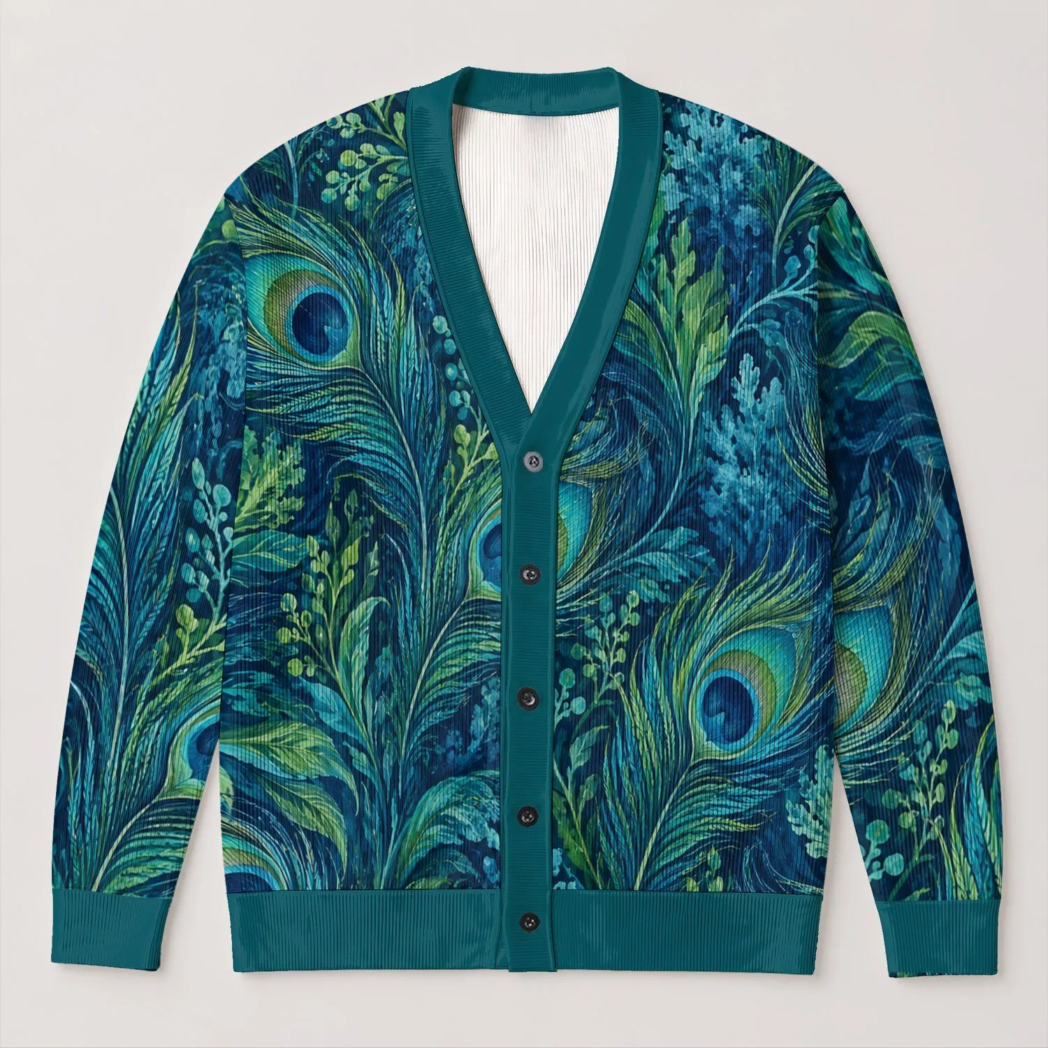 Peacock Feather Motif for Elegant Everyday Layering and Nature Inspired Style All-over Print Knitted Cardigan - 1