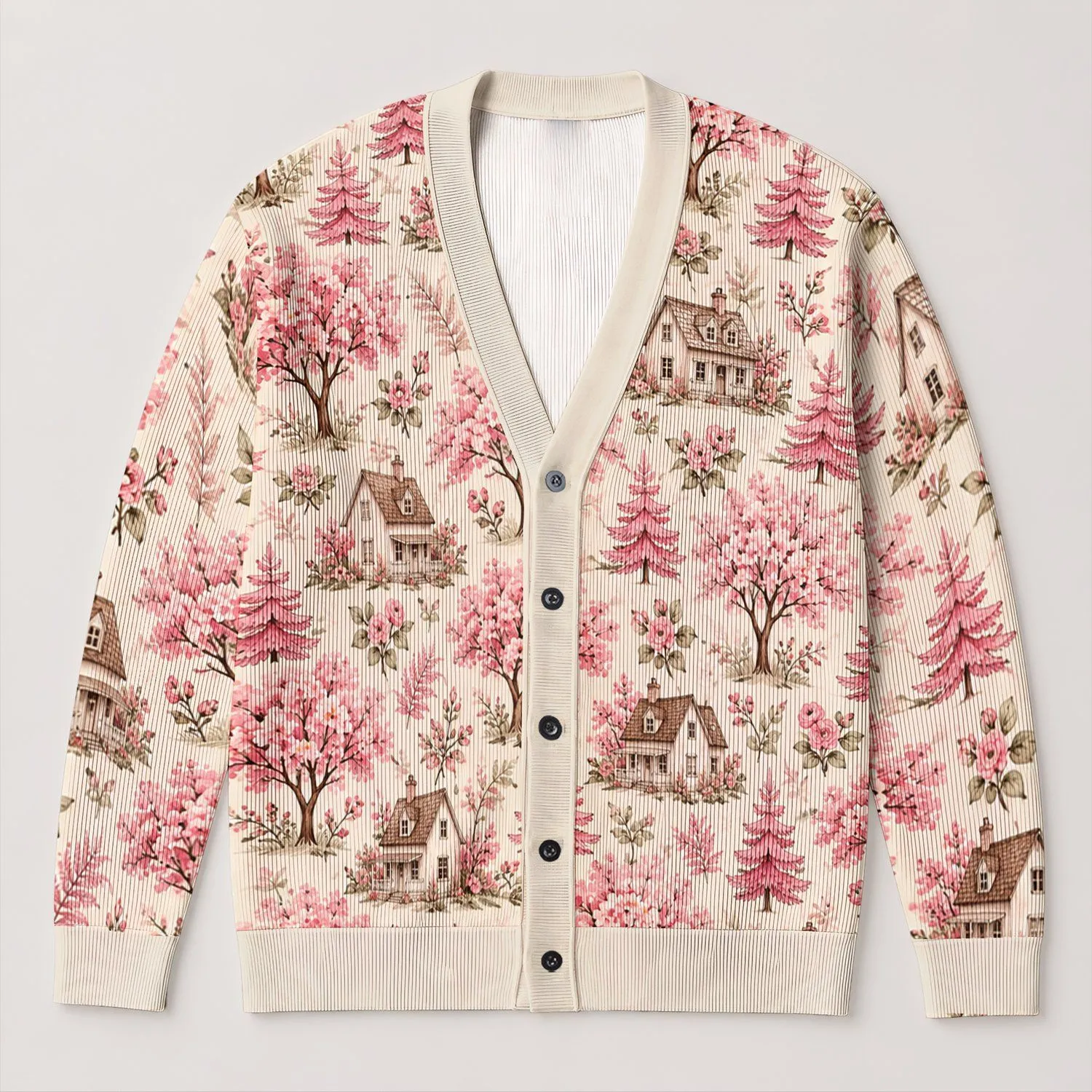 Pink Cherry Blossom Trees And Cottage Scenery For Springtime Garden Nature Lovers All-over Print Knitted Cardigan - 1