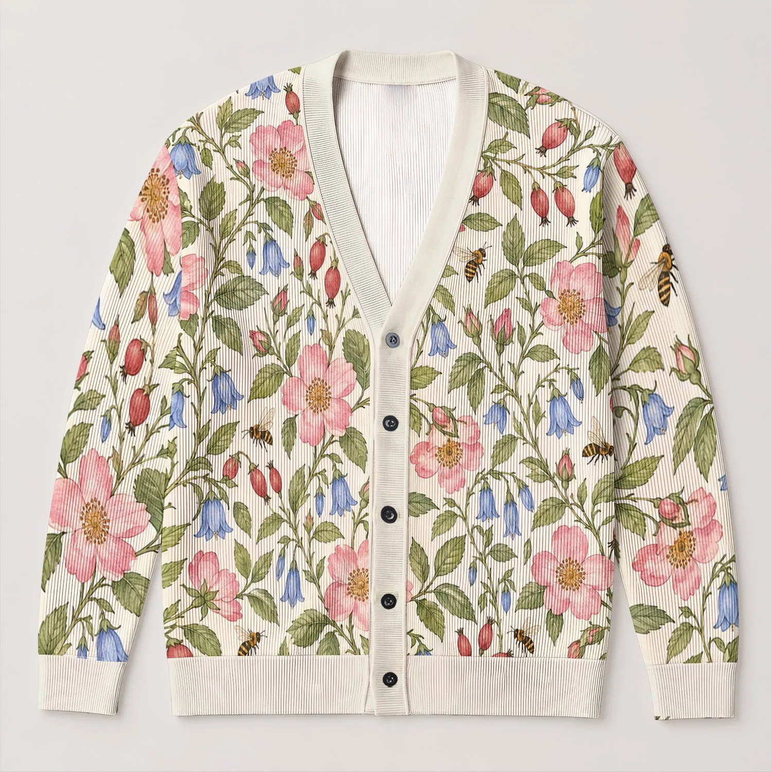 Watercolor Bees And Wildflowers For Cheerful Everyday Layering For Youthful Style All-over Print Knitted Cardigan - 1