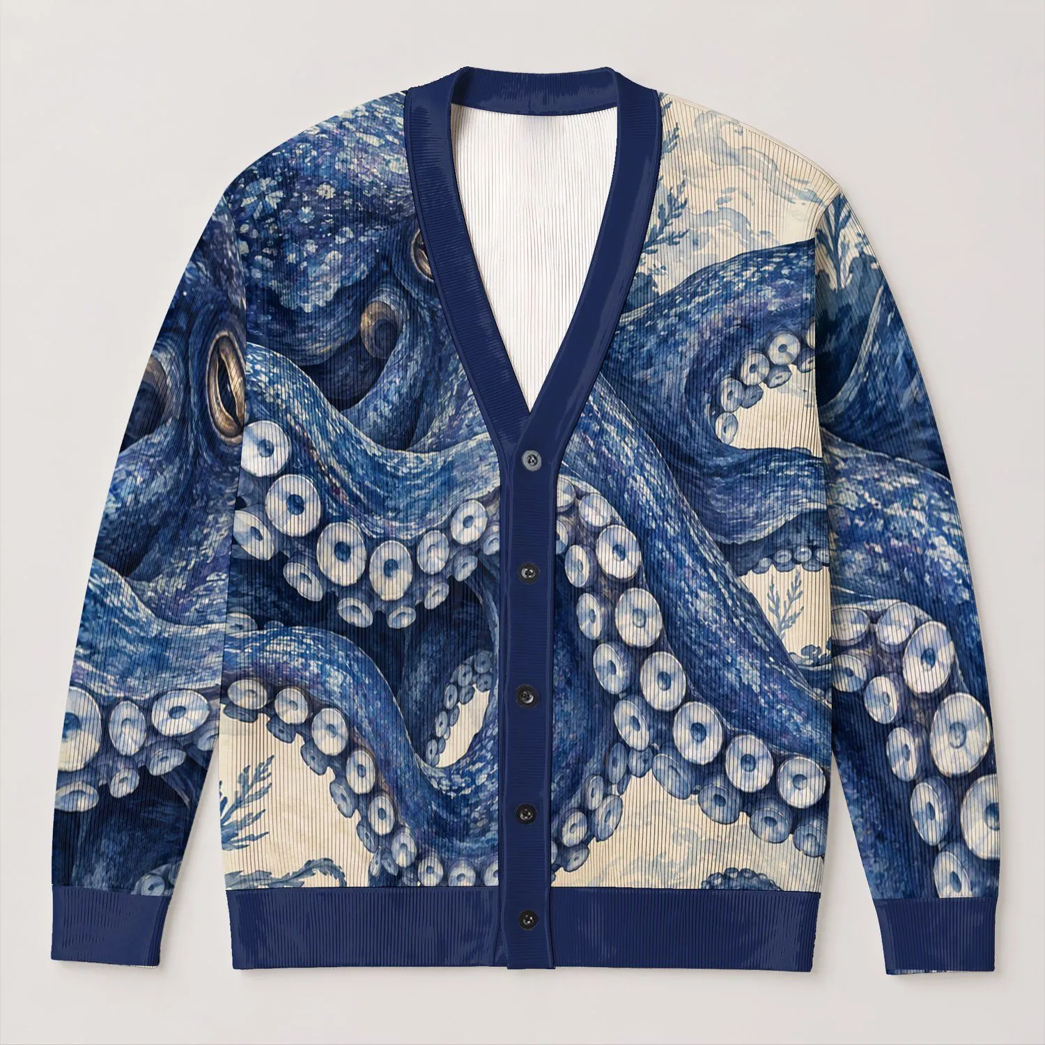 Indigo Octopus Coastal Layering Style for Ocean Lovers and Creative Everyday Outfits All-over Print Knitted Cardigan - 1